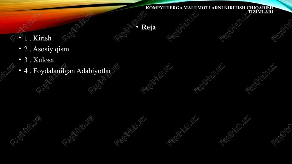 terlar, monitorlar, naushniklar va boshqalar esa chiqish qurilmalari. uskuna tizimining yana bir muhim elementi - kompyuter xotirasi . bu erda barcha ma'lumotlar vaqtincha yoki doimiy ravishda ketadi. u asosan ikki xil - o'zgaruvchan xotira va doimiy xotira. o'zgaruvchan xotira statik ram yoki dinamik ram kabi ma'lumotlarni ishlash va saqlash uchun quvvatga muhtoj. dinamik interfeys bilan ishlash juda murakkab va shuning uchun muntazam yangilanish davrlarini talab qiladi. ayni paytda, sram yaxshiroq interfeysga ega, lekin har bir bit uchun oltita tranzistorni talab qiladi. o'zgaruvchan bo'lmagan xotira ma'lumotni saqlash uchun quvvatni talab qilmaydi va ba'zi misollar - rom, flash xotira, optik disklar va boshqalar. asosiy qism 1. klaviatura klaviatura yordamida tizimga yoki boshqa har qanday qurilmaga ma'lumotlarni kiritish uchun eng asosiy qurilma. ular kompyuter bilan wi-fi yoki usb tizimi orqali aloqa o'rnatadilar. hamma narsa uchun kalitlar mavjud - raqamlar, harflar, belgilar va funktsiyalar. matn kiritish tugmalari a – z va 0 dan 9 …