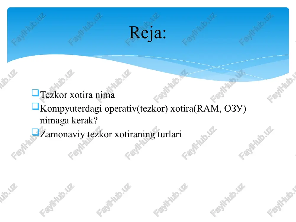 murojaat qiladi, agar u yerda mavjud bo’lsa, o’sha yerdan dasturni yuklaydi, aks holda dasturni izlashni boshlaydi. kompyuterdagi operativ(tezkor) xotira(ram, ozu) nimaga kerak? hozirgi zamonaviy o’yinlar operativ xotiraning katta bo’lishini talab qiladi. agar operativ xotira talab darajasida bo’lmasa o’yin o’ynash jarayoni sekinlashadi(lekin o’ynasa bo’ladi). shu sababli diskda sotib olingan o’yin talablarini bir ko’zdan kechirish lozim. operativ xotira 2 ta asosiy xarakteristikaga ega va bu xotirani sotib olishda shu xarakteristikalarga qaraladi. operativ xotira hajmi va shu xotira ishlaydigan chastota miqdori. operativ xotira hajmi megabaytlarda o’lchanadi(lekin ko’pchilik gegobaytlarga ham o’tib ketishdi) 128, 256, 512, 1024, 2048. kompyuterdagi operativ(tezkor) xotira(ram, ozu) nimaga kerak? dastlab yuklangan dasturlar shu hajmda saqlanadi. agar hajm to’lib qolsa, birinchi yuklangan ma’lumotlar o’chiriladi. operativ xotira chastotasi ishlash tezligini aniqlab beradi. chastota bu vaqt birligidagi jarayndir. misol uchun, 600 megagerst(mgts) chastotali operativ xotira 100mb ma’lumotni 10 sekunda yuklasa, 1000mgts li operativ xotira bu jarayonni 5 sekundda amalga oshiradi. kompyuterdagi operativ(tezkor) xotira(ram, …