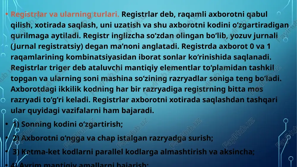 ining kirishiga soni kichik razryaddan boshlab ketma – ket kodli signal impulsi ko‘rinishida beriladi. har bir razryad yozilgandan keyin siljituvchi impuls beriladi. natijada yozilgan ikkilik son bir razryad o‘ngga siljiydi. siljituvchi impuls hamma trigerlarni 0 holatga keltiradi. bu holda trigerlarda yozilgan birlik signal impulsi shu trigerlarning chiqishidan kichik razryadli trigerga ma’lum vaqt kechikib boradi. trigerlardagi o‘tkinchi protsesslar tugashi bilan registrdagi ikkilik son (kodli signal) kichik razryadga siljiydi. registrda soni hamma razryadlar yozib bulingandan keyin “o‘qish” komandasi bilan chiqishdagi kon’yunktorlar orqali parallel kodli shinaga uzatiladi. parallel kod bilan soni yozishda signal kodi kodli shinaga beriladi. “siljituvchi” komandasi bilan signal kodi bir razryad o‘ngga siljiydi. n razryad siljitish uchun n marta siljituvchi impuls berish kerak. shunday qilib bitta registr yordamida soni parallel kodini ketma – ket kodiga aylantirish mumkin. sonni chapga siljitish uchun kichik razryadli trigerni birlik chiqishini kechiktiruvchi element orqali katta razryadli trigerni hisobchining kirishiga ulash kerak. ko‘pincha ehm larda zahira …