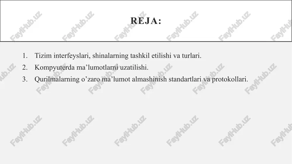 bu nuqtadan nuqtaga yoki nuqtadan ko'p nuqtaga raqamli bit oqimi yoki raqamli analog signal ko'rinishida ma'lumotlarni uzatish va qabul qilishdir. bunday kanallarga mis simlar, optik tolalar, radio chastotali simsiz aloqalar, saqlash vositalari va kompyuter shinalari misol bo'ladi. ma'lumotlar elektr kuchlanish, radio to'lqin, mikroto'lqin yoki infraqizil signal kabi elektromagnit signal sifatida ifodalanadi. telekommunikatsiyada parallel uzatish - bir belgi yoki boshqa ma'lumotlar ob'ektining signal elementlarini bir vaqtning o'zida uzatishdir. raqamli aloqada parallel uzatish mos keladigan signal elementlarini ikki yoki undan ortiq yo'llar orqali bir vaqtning o'zida uzatishni anglatadi. bir nechta elektr simlaridan foydalangan holda, bir vaqtning o'zida bir nechta bit uzatilishi mumkin, bu esa ketma-ket uzatishga qaraganda yuqori uzatish tezligiga erishishga imkon beradi. ushbu uslub kompyuterda ichki ma'lumotlar shinalari kabi, ba'zan esa printerlar kabi tashqi qurilmalarda qo'llaniladi. telekommunikatsiyada ketma-ket uzatish - bu belgi yoki boshqa ma'lumotlar ob'ektini ifodalovchi signal elementlarini uzatish ketma-ketligi. raqamli ketma-ket uzatish - bu bitta sim, chastota yoki optik …