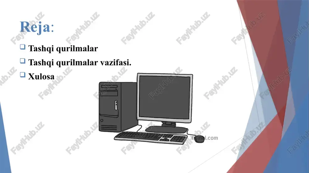 oladi. hozirgi zamonaviy klaviaturalar bitta korpusda joylashgan 104 ta vish tugmalardan tashkil topadi va ular quyidagi bloklarga bo'lingan: sichqoncha - manipulyator tipidagi grafik boshqaruv qurilmasidir. bu ham kompyuterga ma'lumot kiritish uchun manipulyator. bu grafik paketlar, chizmalar bilan ishlashda, diagrammalarni ishlab chiqishda va yangi operatsion tizimlarda ishlashda zarur. sichqonchani tekis yuzaga siljitishda monitor ekranidagi grafik ob'ekt (sichqoncha ko'rsatkichi) harakati bilan sinxronlashtiriladi. sichqoncha bilan ishlash uchun maxsus dasturiy vositalar qo'shimcha ravishda o'rnatiladi. 1963 yilda duglas engelbart “sichqoncha” manipulyatorini yaratganiga patent olgan. ma’lumotlarni chiqarish qurilmalariga quyidagilar kiradi: • printerlar — ma’lumotni qog’ozli tashuvchida qayd etish uchun yozuvchi qurilma; • grafik ko’ruvchilar (plotterlar) — grafik ma’lumotni (grafiklar, chizmalar, rasmlar) shk dan qog’ozdagi tashuvchiga chiqarish uchun. aloqa va telekommunikatsiya qurilmalari priborlar va avtomatlashtirishning boshqa vositalari bilan (interfeyslar moslashtiruvchilari, adapterlar, raqamli-analog va analog-raqamli o’zgartirgichlar va sh.o’.) aloqa qilish uchun va shk ni aloqa kanallariga, boshqa ehm va hisoblash tarmoqlariga (tarmoqli interfeysli plata, "ulanishlar", qiymatlarni uzatish multipleksorlari, …