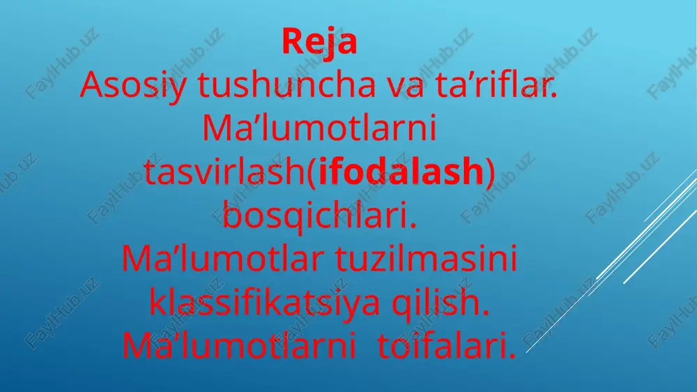 tirishi mumkin. yozuv – bu bironta ob’ektga tegishli turli toifadagi maydonlar to’plamidir. fayl- bu bir-biriga bog’liq bo’lgan yozuvlar to’plamidir. masalan, barcha talabalar xaqidagi yozuvlarni o’z ichiga olishi mumkin, kalit – bu yozuvdagi maydon bo’lib, aynan shu yozuvni boshqa yozuvlardan ajratib turishga xizmat qiladi, uning qiymati boshqa yozuvlarda takrorlanmas hisoblanadi. ba’zida bittadan ko’p maydonlar qiymatlari elementlararo betakror bo’lishi mumkin va bunga karrali kalit deyiladi. ko’pincha asosiy kalit hisoblanadigan bitta maydon ma’lumoti ishlatiladi va u boshlang’ich kalit deyiladi, qolganlari esa alternativ kalit deyiladi. ba’zida esa yozuvlaning yagona qiymatlatli kalit maydonni yo’qligi sababli kalit sifatida bir nechta maydonlar olinadi va ularga tarkibli kalit deyiladi. eng yomon holatda, ba’zan shunaqa bo’lishi mumkinki, bironta maydon kalit bo’la olmasa, xar bit elementga qo’shimcha, qiymati yagona bo’lgan kalit maydon kiritiladi. axborot.ko’pincha ma’lumot va axborot tushunchalarini bir xil ma’noda ishlatishadi. lekin aslida esa axborot bu ma’lumotga qaraganda kengroq tushunchadir.axborot bu qayta ishlangan ma’lumotdir.ma’lumot esa qiymatlar yig’indisidir, yani bironta …