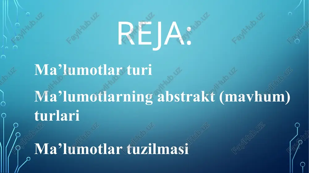rchi tomonidan aniqlanishi ham mumkin. bu esa c dasturlash tilida ma’lumotlarning turi kuchsiz himoyalanganligini bildiradi. shu bilan birgalikda ma’lumotlarning turi qat’iy himoyalanmagan dasturlash tillarida dasturning to’g’ri ishlashiga javobgarlik dasturchining o’ziga yuklatilgan. abduraimov y swd025 7 abduraimov y swd025 8 ma’lumotlarning abstrakt (mavhum) turlari – bu matematik model va shu model doirasida aniqlangan turli xil operatorlardir. abstrakt ma’lumotlar turi bilan algoritmlarni ishlab chiqish mumkin, lekin ma’lum bir dasturlash tilida algoritmlarni qo’llash uchun ma’lumotlarning abstrakt turlarini ushbu dasturlash tiliga mos ma’lumotlar turi va operatorlar yordamida ishlab chiqiladi. ma’lumotlarning abstrakt turlarini tavsiflash uchun o’zida o’zgaruvchilarning aniq to’plamini, mumkin bo’lgan ma’lumotlar turini mujassamlashtirgan ma’lumotlar tuzilmasidan foydalaniladi. abduraimov y swd025 10 algoritmlarda qo’llaniladigan ma’lumotlar tuzilmasi juda murakkab bo’lishi mumkin. ma’lumotlarni to’g’ri taqdim etish natijasi muvaffaqiyatli dasturlash kaliti sifatida xizmat qiladi. ma’lumotlar tuzilmasining qurilish materiali tayanch yoki tarkibli ma’lumotlar turini saqlashga mo’ljallangan yacheykalar hisoblanadi. ma’lumotlar tuzilmasi yacheykalar majmuasiga boshqa yacheykalar vakili (ya’ni ko’rsatkichlar) sifatida nom berish …
