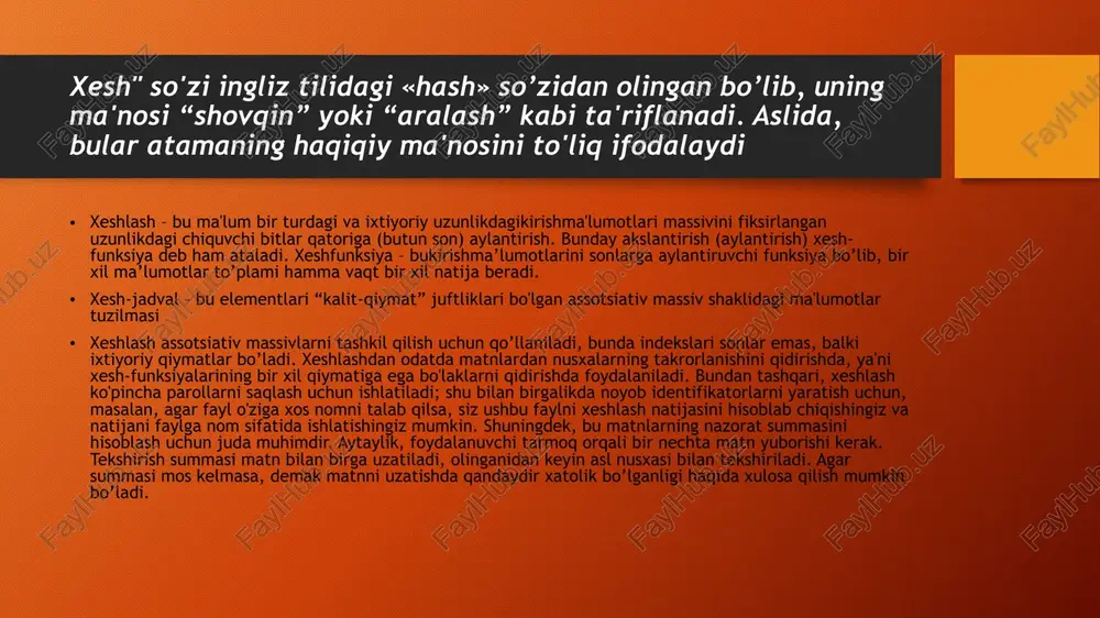 hirish imkonini beradi. xesh-jadval xesh-funksiya tomonidan ma’lum bir tartibda shakllanadi. xesh-jadvallari ko'pincha ma'lumotlar bazalarida, ayniqsa, kompilyatorlar va assemblerlar kabi til protsessorlarida qo'llaniladi, bu yerda ular identifikatorlar jadvalini qayta ishlash tezligini oshiradi. biroq, ko'pincha kirishdagi turli uzunlikdagi bir nechta turli xil ma'lumotlar, chiqishda bir xil ma'lumotlarga mos kelishi mumkin. turli xil ma'lumotlar bir xil xush qiymatiga ega bo'lgan holatlar kolliziya (to'qnashuv) deb ataladi (2-rasm). bunday holda, xeshlash algoritmi har xil ma'lumotlarning har xil qiymatga ega bo'lishini ta'minlashga intilishi kerak. kamdan kam hollarda kolliziyalarning oldini olish mumkin xesh-jadvallarni tatbiq qilish va xesh-funksiyani tanlash xesh-jadvallar quyidagi xossalarga mos kelishi shart: xesh-jadvalida amallarni bajarishdan oldin, kalitning xesh-funksiyasi hisoblanadi, natijada kirish massivdagi indeks hosil bo’ladi. xesh jadvalini to'ldirish koeffitsienti - bu saqlanadigan massiv elementlari soni, xesh funksiyasining mumkin bo'lgan qiymatlari soniga bo'linadi. bu operatsiyalarning o'rtacha bajarilish vaqti bog'liq bo'lgan muhim parametr hisoblanadi. odatda yaxshi xesh-funksiya quyidagi shartlarni qonatlantiradigan funksiya ekanligi qabul qilinadi. funktsiya: hisoblash nuqtai …