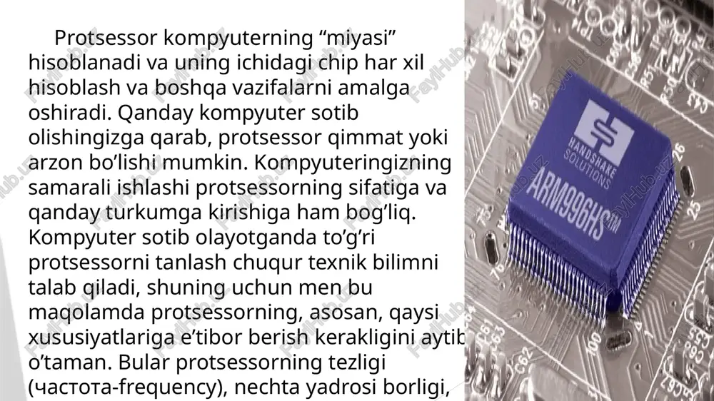hug’ullanadigan foydalanuvchi uchun ikki yadroli protsessor qo’l kelishi mumkin. protsessorning yana bir asosiy xususiyatlaridan biri uning brendi, ya’ni qaysi kompaniya tomonidan ishlab chiqilganidir. protsessor ishlab chiqaruvchi ikkita gigant mavjud – intel va amd. bu kompaniyalar va ularning qay birining mahsuloti yaxshiroq ekanligi haqida azaliy munozara bor, men bu munozaraga qo’shilmagan holda, intel kompaniyasi protsessorlari bizga har jihatdan qulay ekanligini aytib o’tmoqchiman, xolos. protsessorlarning kesh xotirasi ham asosiy xususiyatlardan biridir. kesh xotira ham qanchalik katta bo’lsa, shuncha yaxshidir. zamonaviy protsessorlarda 1mb, 2mb va undan ortiq kesh xotira mavjud. protsessorlarning asosiy parametrlari. tezlik — bu protsessorning hususiyatlaridan biri bo‘lib, uni ko‘p hollarda turlicha talqin qilinadi. ushbu bo‘limda, umuman, protsessorlarning tezligi va, hususan, intel protsessorlari xaqida ma’lumot olasiz. ko‘pincha, kompyuterning tezligi, odatda, megagerslarda o‘lchanuvchi takt chastotasiga bog‘liq bo‘ladi. u uncha katta bo‘lmagan qalaydan yasalgan konteynerida joylashgan, kvars kristali bo‘lgan, kvars rezonatorining parametrlari orqali aniqlanadi. elektr kuchlanishi natijasida kvars kristalida, kristalning shakli va o‘lchami …