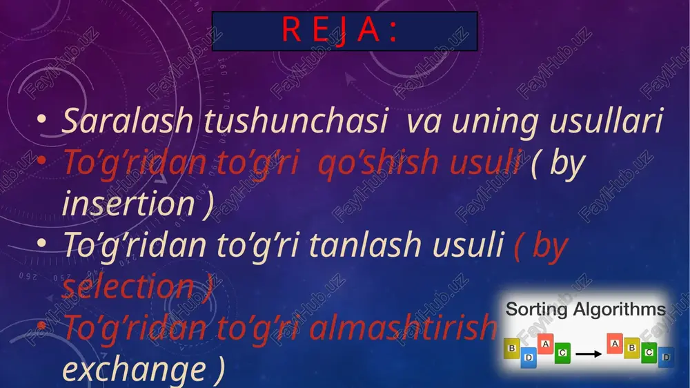 nge) bunday usul karta o'yinida keng qo'llaniladi. elementlar (kartalar) hayolan “tayyor” a(1),...,a(i-1) va boshlang'ich ketma-ketliklarga bo'linadi. har bir qadamda (i=2 dan boshlanib, har bir qadamda bir birlikka oshirib boriladi) boshlang'ich ketma-ketlikdan i-chi element ajratib olinib tayyor ketma-ketlikning kerakli joyiga qo'yiladi. to'g'ridan-to'g'ri qo'shish orqali saralash algoritmi quyidagicha bo'ladi: for (int i=1;i a[j]){ int k = a[j]; a[j]= a[i]; a[i]= k; } to’g’ridan to’g’ri tanlash usuli ( by selection ) to’g’ridan-to’g’ri tanlash algoritmning samaradorligi taqqoslashlar soni: o’rin almashtirishlar soni: mazkur usul quyidagi tamoyillarga asoslangan: 1. eng kichik kalitga ega element tanlanadi. 2. ushbu element birinchi element bilan o„rin almashinadi. 3. keyin mazkur jarayon qolgan n-1, n-2 elementlar bilan takrorlanib, to bitta eng katta element qolguncha takrorlanadi for(int i=0;i for(int j=i+1;j if (a[i] > a[j]){ int k = a[j]; a[j]= a[i]; to’g’ridan to’g’ri almashtirish usuli (by exchange) ushbu usulni g’oyasi quyidagicha: marta massivda quyidan yuqoriga qarab yurib kalitlar jufti-jufti bilan taqqoslanadi. agar pastki …