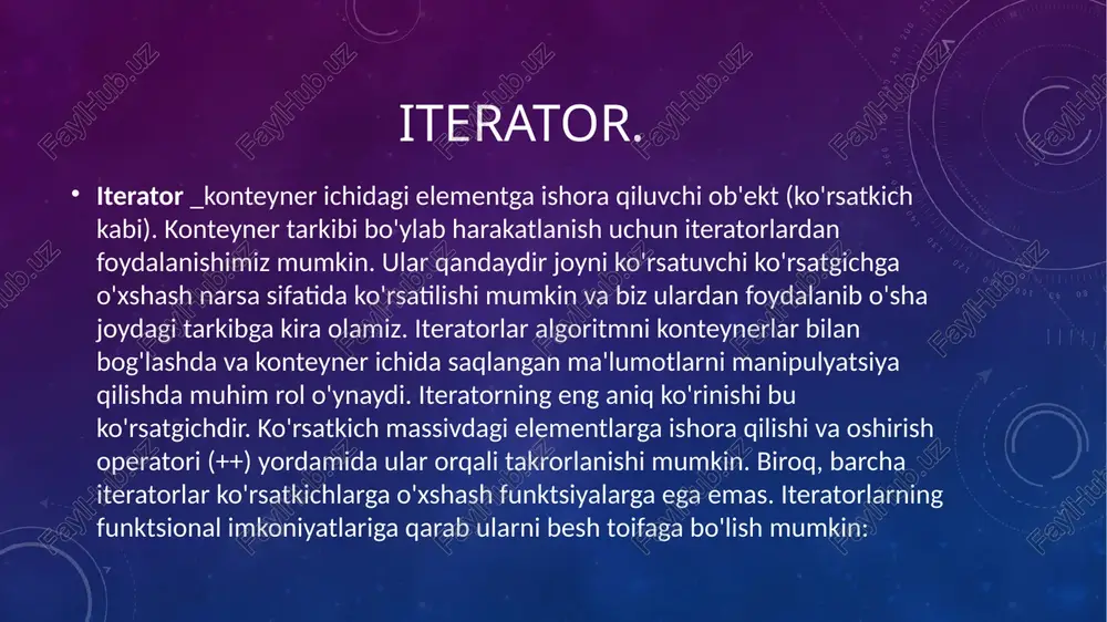 ib turibdiki, ular ham faqat oldinga yo'nalishda va bir vaqtning o'zida bir qadamda harakat qilishlari mumkin. bredictional iterators: ular forward iteratorslarning barcha xususiyatlariga ega, shuningdek, ular forward iterators kamchiliklarini bartarafetishadi, chunki ular ikkala yo'nalishda ham harakatlana oladilar, shuning uchun ularning nomi ikki tomonlama. random-access iterators: ular eng kuchli iteratorlardir. ular ketma-ket harakatlanish bilan cheklanmaydi, ularning nomidan ko'rinib turibdiki, ular konteyner ichidagi istalgan elementga tasodifiy kirishlari mumkin. ular funksiyalari ko'rsatkichlar bilan bir xil bo'lganlardir. quyidagi diagrammada ular bajarishi mumkin bo'lgan turli operatsiyalarga nisbatan ularning funksionalligidagi farq ko'rsatilgan. iteratorlarning afzalliklari: dasturlashda qulaylik: konteynerlar tarkibini takrorlash uchun iteratorlardan foydalangan ma'qul, go'yo biz iteratordan foydalanmaymiz va [ ] operatori yordamida elementlarga kiramiz, keyin biz har doim konteyner hajmi haqida qayg'urishimiz kerak, holbuki iteratorlar bilan biz shunchaki end() a'zo funktsiyasidan foydalanishimiz va hech narsani yodda tutmasdan tarkibni takrorlashimiz mumkin. kodni qayta ishlatish mumkinligi: endi ko'rib chiqaylik, agar biz yuqoridagi dasturda vektor o'rniga v ro'yxatini yaratsak …