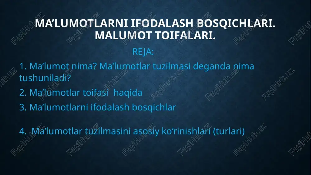 hi tomonidan aniqlanadigan toifalar, qachonki mavjud sozlangan toifalar qo’yilgan masalani yechishga yetarli bo’lmasa qo’llaniladi. abstrakt toifalari- ma’lumotlar toifalarining mantiqiy xususiyatlarini aniqlashda foydali instrument hisoblanadi. “abstrakt toifa” atamasi bazaviy matematik tushunchasiga bog’liq. ushbu toifalardagi ma’lumotlar qisman apparat va dasturiy ta’minot yordamida tuzilma sifatida fizik amalga oshirilishi mumkin. biz abstrakt toifalarni matematik tushuncha sifatida aniqlaganimizda, muhit va vaqtiy munosabatlarni e’tiborga olmaymiz. bular amalga oshirish masalalari hisoblanadi. mantiqiy toifa-mantiqiy bosqichda qo‘yilgan masalani biror bir dasturlash tilida kodi (dasturi) ishlab chiqiladi. mantiqiy bosqich bilan fizik bosqich orasida o’zaro farq mavjud. fizik bosqich - fizik (jismoniy) bosqichda esa informatsion ob’ektni mantiqiy tavsiflanishiga mos ravishda exm xotirasida akslantirilish tushiniladi. exm xotirasi chekli bo‘lganligi sababli, xotirani taqsimlash va uni boshqari muammosi yuzaga keladi. 4. ma’lumotlar tuzilmasini asosiy ko‘rinishlari (turlari) to‘plam – munosabat to‘plami bo‘sh r= bo‘lgan elementlar majmuasi. ketma-ketlik – shunday abstrakt tuzilmaki, bunda r to‘plam faqatgina bitta chiziqli munosabatdan iborat (ya’ni, birinchi va oxirgi elementdan tashqari …