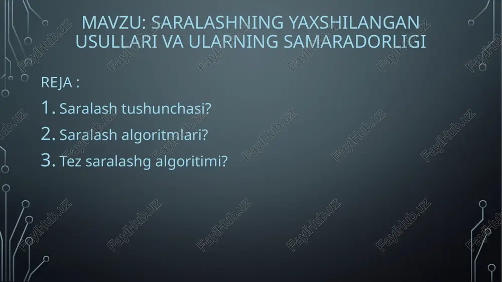 vaqt. qat’iy saralash usullari to’g’ridan-to’g’ri qo’yish usuli; to’g’ridan-to’g’ri tanlash usuli; to’g’ridan-to’g’ri almashtirish usuli. tez saralash bu usul almashtirish usulidagi saralashga tegishli boʼlib uning asosini kalitlarni tanlangan kalitga nisbatan almashtirish tashkil qiladi. saralanayotganda bir xil kalitlar uchrashi mumkin, bu holda saralangandan keyin bir xil kalitlilar boshlang'ich tartibda qanday joylashgan bo'lsa, shu tartibda qoldirilishi maqsadga muvofiq bo'ladi (bir xil kalitlilar o'zlariga nisbatan). bunday usulga turg'un saralash deyiladi. saralash samaradorligini bir necha mezonlar bo'yicha baholash mumkin: saralashga ketgan vaqt; saralash uchun talab qilingan operativ xotira; dasturni ishlab chiqishga ketgan vaqt tezkor saralash dastur kodi void quick_sort(int *items, int left, int right) { int i = left; j = right, x = items[(left+right)/2]; /* vibor komparanda */ do { while((items[i] left)) j--; if(i <= j) { int y = items[i]; items[i] = items[j]; items[j] = y; i++; j--; } } while(i <= j); if(left < j) quick_sort(items, left, j); if(i < right) quick_sort(items, i, …