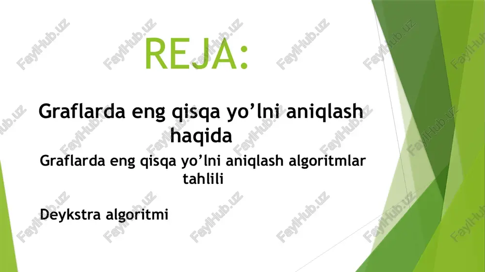 agi qisqa masofani aniqlash masalasi (all-pairs shortest path problem). xar bir u tugundan xar bir v tugungacha qisqaroq yo’lni aniqlash masalasi eng qisqa yo'lni aniqlash masalasi har hil masalalarda berilishiga qarab quyidagicha talafuzlarga ega bo’lish mumkin. graflarda eng qisqa yo’lni aniqlash algoritmlar tahlili hozirgi kunga kelib graflarda eng qisqa y’olni aniqlash uchun ko’plab algoritmlar ishlab chiqilgan. ularni amalga oshirish masalaning berilishiga qarab foydalanish mumkin. hayotiy masalalarida odatda vaznga ega bo’lgan graf tuzilmalarida eng qisqa yo’lni aniqlash algoritmlari qullaniladi. graflarda eng qisqa yo‘lni aniqlash algoritmlari vaznga ega bo’lgan graf tuzilmasini kompyuter hotirasiga saqlash uchun quyidagi belgilanishlarini aytib o’tamiz: n – tugunlar soni; m – qirralar soni; g[n][n] – grafning qo’shma matritsasi; g[n][m] – grafning intsidientlik matritsasi; e[m] – grafning qirralar ro’yhati (uchta maydondan iborat (boshlangich va yakunlovchi tugunlar raqami va qirraning og’irlik qiymati)); w[i][j] – qirraning og’irligi (vazni, o’lchami) matritsasi; d – masofa birligi; d[n] – berilgan tugundan boshqa tugunlarga qisqa …