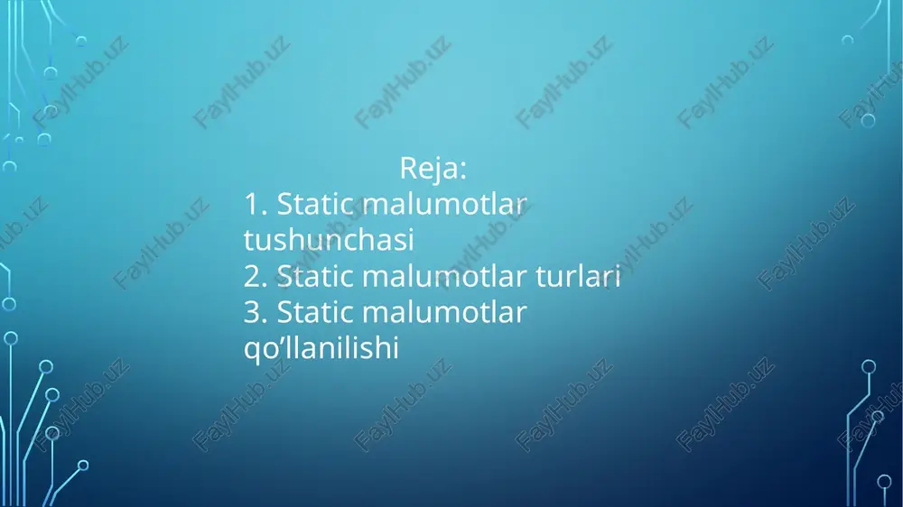 . c++ da biz bu turdagi o'zgaruvchilarni e'lon qilish uchun bool kalit so'zidan foydalanamiz. misolni ko'rib chiqamiz: bool b1 = true; bool b2 = noto'g'ri; c++ da rost deb e'lon qilingan mantiqiy qiymatlarga 1 qiymati, noto'g'ri qiymatlarga esa 0 beriladi. etibotingiz uchun raxmat. image2.png image3.png image4.png image5.jpeg image6.png image7.png image8.png image9.png image10.png image11.png image12.png image13.png image14.png image15.jpeg image16.jpeg image17.png comparison by type system static dynamic data types examples integer 1, 18, 29 double 12.84, 43.09, 15.03647 string hello, ali, student, bus, klc¢ boolean true, false using namespace std; last login: skin nov 18 13:08:47 on ttys001 /users/braden/e4f/c++\ programming/1/build/debug/1 ; exit; bradens-macbook:~ braden$ /users/braden/e4f/c++\ programming/1/build/debug/1 ; e xits —_————_____________as int main () { int x = 3; cout using namespace std; int main(){ aint a; int b; [*] untitled? #include using namespace std; int main(){ int a, b; duewnr } *] untitled1.cpp #include using namespace std; int main(){ string k;| "salom" …