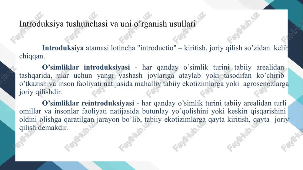 dir bo’lishi mumkin. s.ya.sokolov (1957) introduksiyaning barcha usullarini irsiy xususiyatlarining sezilarli o’zgarishi bilan bog’liq bo’lmagan (oddiy introduksiya) va irsiy xususiyatlarining o’zgarishi bilan bog’liq bo’lgan usullarga (murakkab introduksiya) ajratadi. o’simlik introduksiya usullari oddiy murakkab oddiy (bevosita) introduksiya - yangi o’simlik turlarini birinchi navbatda ularning xususiyatlarini o’zgartirmasdan introduksiya qilishdir. oddiy kirishni o’tkazishda ikkita usul mavjud: 1) dastlabki tajriba va uning natijalarini o’rganish; 2) introduksiya qilinadigan turni dastlabki o’rganish va keyin tajriba o’tkazish. oddiy bevosita introduksiya o’simlikni irsiyati sezilarli o’zgarishsiz bir mamlakatning ochiq yerlaridan boshqasining ochiq yerlariga ko’chirish, so’ngra quyidagi usullar bilan chidamli individlarni tanlash natijasida amalga oshiriladi: rivojlanish ritmini o’zgartirish (payvandustni chidamli payvandtagga payvand qilish, chilpish, sug’orish, maxsus o’g’itlar berish). o’simliklarning tabiatiga ko’ra yashash sharoitlarini o’zgartirish (daraxtchil o’simliklarda sudraluvchi shakl, sug’orish, yarovizatsiya, fotoperiodizm, qishda, bahorda yoki yozda himoyalash, yopiq gruntda ekish, plantatsiyalarni isitish). -ba'zi qishloq xo’jaligi usullaridan foydalanish: tuproq tarkibini o’zgartirish, qalamchalash, transheya (xandaq) kulturasi va boshqalar. -o’sish stimulyatorlari bilan ta'sir qilish …