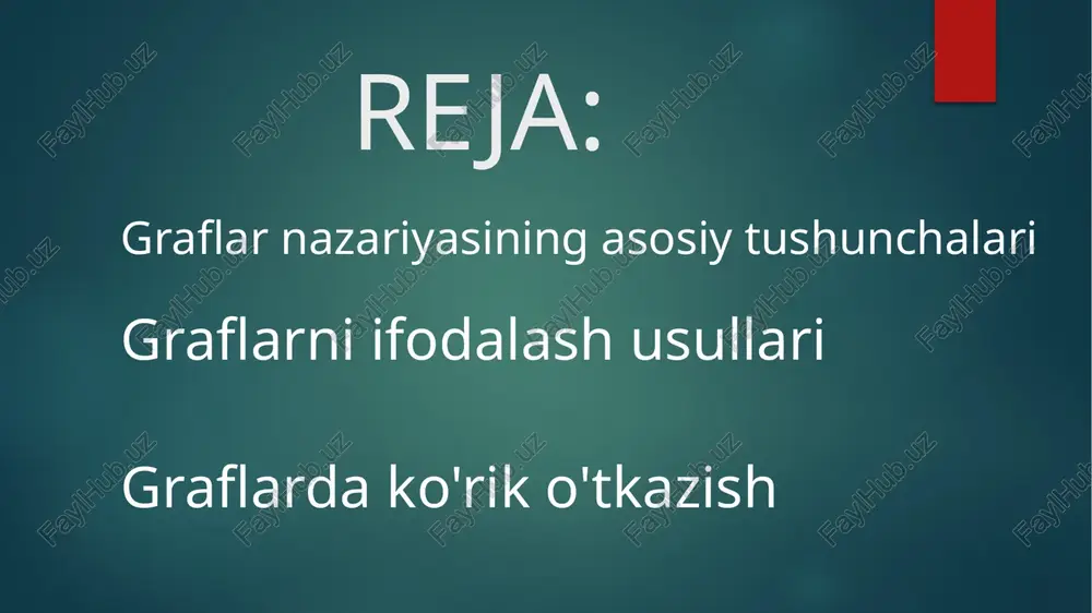misol qirra ikkita uch bilan aniqlanadi. umumiy uchga ega bo`lgan ikkita qirra qo`shni hisoblanadi. agar grafning ikkita uchi qirra bilan tutashtirilgan bo`lsa, bu uchlar qo`shni uchlar deyiladi. grafning bir uchdan chiqqan ikki qirrasi qo`shni qirralar deyiladi. agar grafda boshi va oxiri bitta tugunda tutashadigan qirra mavjud bo'lsa, unga ilmoqli qirra deyiladi. 1 uch 2 uch qirra qirra tushunchasi agar grafda takroriy (karrali) qirralar mavjud bo`lsa, bunday grafga multigraf deyiladi. agar grafda karrali qirralar bilan birga uchni o`z-o`zi bilan tutashtiruvchi ilmoqlar ham mavjud bo`lsa, bunday grafga psevdograf deyiladi a) b) a) multigraf; b) psevdograf ixtiyoriy tugundan boshqa bironta tugunga murojaat mavjud va murojaat ikki tomonlama bo’lsa, bu holda bunday graf yo’naltirilmagan graf (graph) deyiladi agar graf tugunlari o'zaro bog'langan bo'lsa, lekin bu yoylar orqali munosabat faqat bir tomonlama bo'lsa, u xolda bunday graflar yo'naltirilgan graflar (oriented graph) deyiladi 4 3 1 2 4 3 1 2 a) b) a) yo’naltirilmagan graf; …