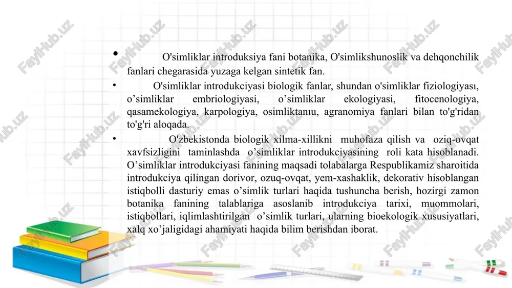 odlari: kuzatish, dala laboratoriya tajribalarini o’tkazish metodlari. laboratoriya metodlari. laboratoriya sharoitida asosiy urug’ bilan ishlanadi. introdukciya qilinib o’sirilgan o’simlikning urug’lari laboratoriya sharoitida undiriladi. bunda urug’ unuvchanligi har turli gradusta masalan : 15 0, 18 0, 20 0, 240, 280, 300 o’stiriladi ham optimal gradus topiladi.urug’ unuvchanligi har 6 oyda tekshirilib turiladi. urug’larning saqlanish muddati 1, 2, 3, 4, 5 yillarda tekshirilib turiladi. urug’larning kattaligi. agar urug’ning epidermis bo'limlari qattiq bo'lsa, unushi qiyin bo'lsa mexanik ishlov beriladi, ya’ni najdak qog’oz bilan ishqalanadi,yog’och orasiga ishqalanadi. bundan tashqari h2so4 kislotasida 1minutdan-10 minutgacha saqlanishi mumkin. qaynatilgan issiq suvga ham 1 minutdan 10 minutgacha solinishi mumkin. nazorat qilish metodlari: introdukciya qilinib o’stirilgan o’simlik dalaga ekilgandan keyin u qancha kunda unib chiqadi.havoning temperaturasi ham tuproqdagi gradusi hisobga olinadi. o’simlik 2-3 kun ichida ham unib chiqadi.urug’ni ekishdan oldin 1 m yerga 3-5 ta takrorlikda 100 nafardan urug’ ekiladi. shundan nechta % unib chiqishi tekshiriladi. odatda, o’zbekistonda introdukciya …