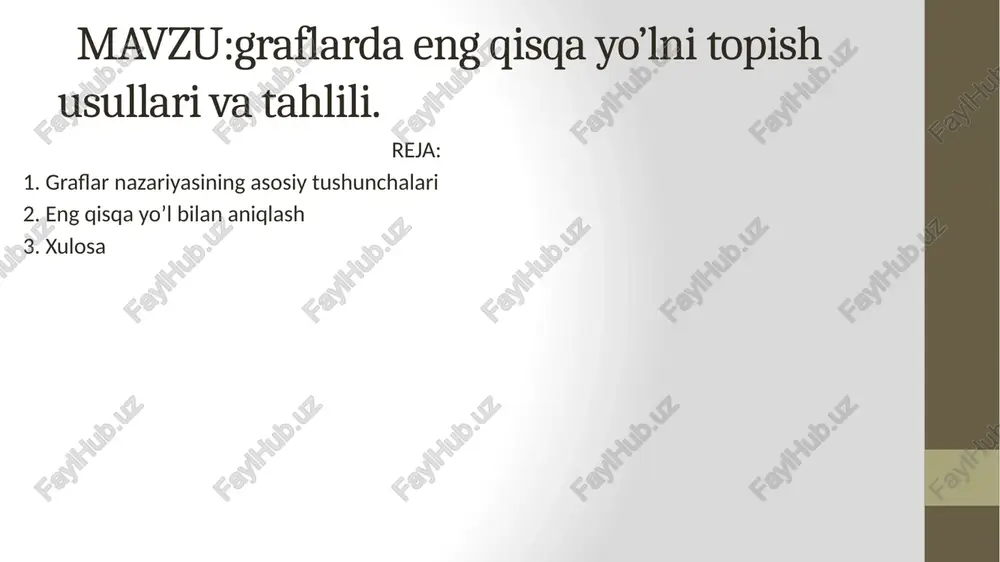 shmagan bo‘lsa bij = 1 agar i tugun j yoyning oxiri bo‘lsa qo‘shnilik ro‘yxati (qo‘shni tugunlar) (adjacency list) – bu a[n] massiv bo‘lib, a[i] xar bir elementi i tugun bilan qo‘shni uzellar ro‘yxatini o‘zida saqlaydi. yoylar ro‘yxati (edges list) – qo‘shni uzellar yoylaridan iborat chiziqli ro‘yxatdir. d grafning to‘yinganligi (density): to‘yingan graf (dense graph) – bu qirralar soni bo‘lishi mumkin bo‘lgan maksimalga teng bo‘lgan graf xisoblanadi. (d>0.5) siyrak raf (sparse graph) – bu qirralari soni tugunlar soniga yaqin bo‘lgan grafdir. (d<0.5) image2.png image3.png /docprops/thumbnail.jpeg