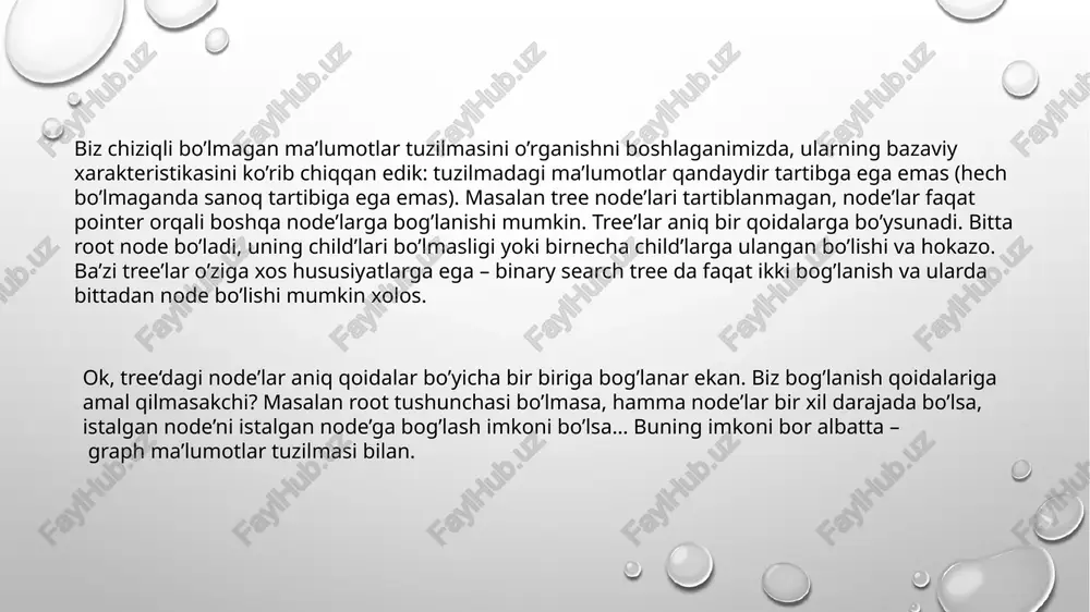 rni quyida keltirib o’tamiz: vertex (yoki vertice, ko’plikda vertices) – node’ning o’zi. node ko’proq amaliyotda qo’llaniladi, vertex nazariyada. shuning uchun ham graph mavzularida vertex yoki vertice deganimizda node’ni tushunib olaverasiz. path – ikki va undan ko’p node’lar orasidagi yo’l. path uzunligi soni path’dagi node’lar orasidagi edge’lar soniga teng bo’ladi. cycle – agar node’lar orasidagi yo’l (path) yopiq, aylana ko’rinishida bo’lsa, ya’ni yo’l boshlanish node’da tugasa, demak path – cycle bo’ladi. cycle uzunligi soni ham path’dagi kabi node’lar orasidagi edge’lar soniga teng. degree (daraja) – node’ning boshqa node’larga bog’lanishlari soni. agar node boshqa 3ta node’ga bog’langan bo’lsa, uning degree‘si 3 ga teng bo’ladi. graph qachon ishlatiladi? real hayotdagi juda ko’p tizimlar graph’larga asoslangan bo’ladi. masalan facebook ijtimoiy tarmog’idagi do’stlik aloqalari undirected graph’ga asoslangan. siz facebookdagi do’stingiz uchun ham do’st hisoblanasiz. ya’ni do’stlik ikki tomonlama bog’langan. twitter va instagram tarmoqlaridagi do’stlik (yoki kuzatish – follow) esa bir tomonlama bog’lanishga ega. siz kuzatadigan …