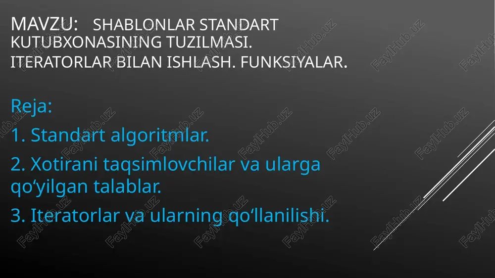 ) oqimlarini ajratish qobiliyati ega. algoritm kutubxonasi tomonidan taqdim etiladigan funksiyalar odatda uch toifadan biriga kiradi: inspektorlar (nazoratchilar) - konteynerdagi ma’lumotlarni (masalan, qidirish yoki elementlarni soni hisoblash amallari) ko‘rish uchun ishlatiladi. mutatorlar - konteynerdagi ma’lumotlarni o‘zgartirish uchun ishlatiladi (masalan, saralash yoki elementlarni qayta tartibga solish amallari). fasilitatorlar (koordinatorlar) - elementlarining qiymatlari asosida natija hosil qilish uchun ishlatiladi (masalan, qiymatlarni ko‘paytiruvchi ob’ektlar yoki elementlarning qaysi tartib juftliklarida tartiblanishi kerakligini aniqlovchi ob’ektlar). bu algoritmlar algoritm kutubxonasida ( sarlavha faylida) joylashgan. oldingi biladigan va eng ko‘p tarqalgan algoritmlardan ba’zilarini imkoniyatlarini chuquroq ko‘rib chiqamiz va bu algoritmlarning barchasi iteratorlardan foydalanadi. find() funksiyasidan foydalanish iteratorlar va ularning qo‘llanilishi. iteratorlar konteynerlarning elementlariga murojaat qilish uchun foydalaniladi. iteratorlar bilan elementlar bilan ishlash juda qulay hisoblanadi. iterator iterator tipi bilan yoziladi. har qanday konteyner uchun iteratorlarning tiplari farq qiladi. masalan, list tipidagi konteyner uchun list :: iterator tipi, vector tipidagi konteynerlar uchun esa vector ::iterator tipi ishlatiladi. c++ …