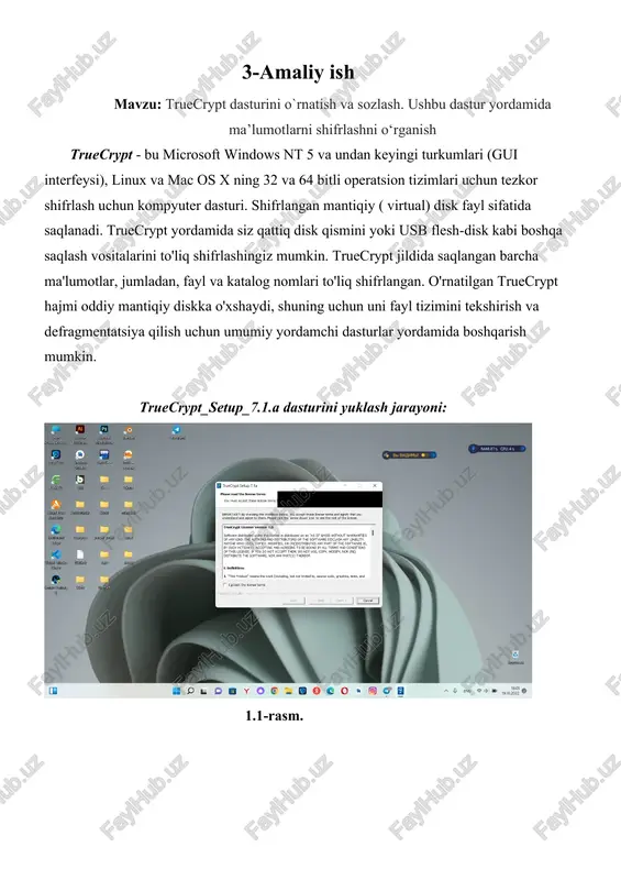 ecrypt hajmi qayerda yaratilishini tanlashimiz kerak. truecrypt hajm faylda, konteyner deb ham ataladigan bo'limda yoki diskda bo'lishi mumkin. biz birinchi variantni tanlaymiz va fayl ichida truecrypt hajmini yaratadi. next-keyingi tugmasi bosiladi 1.10-rasm. ushbu bosqichda biz standart yoki yashirin truecrypt hajmini yaratishni tanlashimiz kerak. bunda biz avvalgi variantni tanlaymiz va standart truecrypt hajmini yaratamiz. keyingi tugmasini bosamiz 1.11-rasm. ushbu bosqichda esa truecrypt hajmini (fayl konteyneri) yaratmoqchi bo'lgan joyni belgilashimiz kerak. faylni tanlashni bosamiz 1.12-rasm. truecrypt mavjud fayllarni shifrlamaydi.shuning uchun ham fayl yaratib olib uni saqlash tugmasini bosamiz. kiberxavfsizlik fayli hali mavjud emas - truecrypt uni yaratadi. 1.13-rasm. fayl yaratilib joylashuvi tanlandi va keyingi tugmasini bosamiz. 1.14-rasm. bu yerda biz shifrlash algoritmi va fayl uchun xesh algoritmini tanlaymiz va keyingi tugmasini bosamiz 1.15-rasm. bu yerda biz truecrypt konteynerimiz hajmini yozib keyingi tugmasini bosamiz. fayl hajmi 100 mb bo`lishini tanladik 1.16-rasm. bu eng muhim qadamlardan biridir. bu yerda biz faylga parol kiritishimiz kerak. …