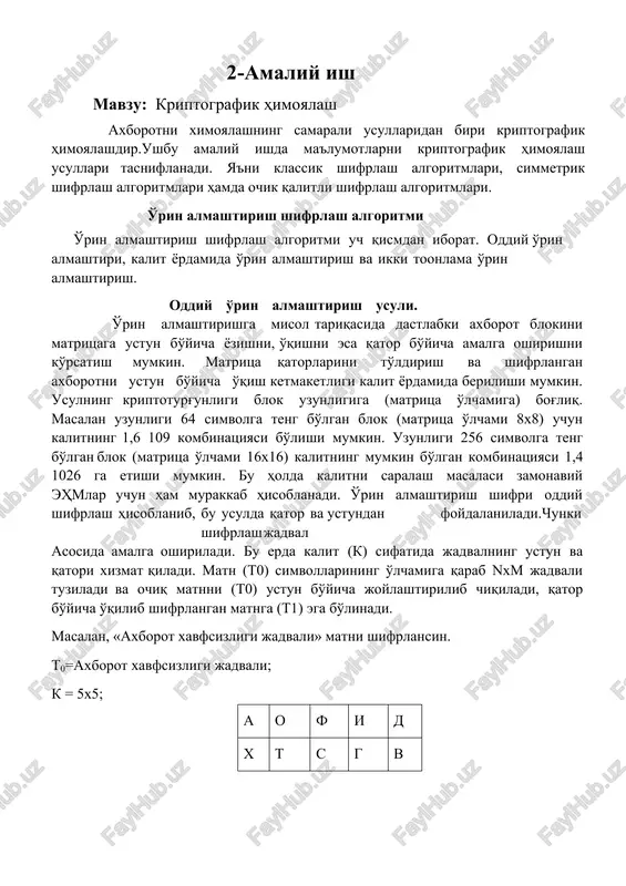 avfsizligi jadvali» matni shifrlansin. t0=axborot xavfsizligi jadvali; k = 5x5; a o f i d x t s g v b x i i a o a z j l r v l a i t1=aofid_xtsgv_bxiia_oazjl_rvlai birinchi bo'lib, shifrlash jadvalidan (xiv asrning oxirlarida) diplomatik munosabatlarda, xarbiy sohalarda axborotni muhofazalashda foydalanilgan. kalit erdamida o'rin almashtirish. oddiy o'rin almashtirish usulidan tashqari kalit yordamida o'rin almashtirish usuli ham mavjud. shifrlash jadvalidan kalit orqali foydalaniladi. bu usulda kalit simvollariga mos holda ochiq matnning uzunligidan kelib chiiqib nxm jadvali tuziladi va ochiq matnni (t0) ustun bo'yicha joylashtirilib chiqiladi. so'ngra kalit simvollari alfavit tartibida tartiblanib, ustun bo'yicha o'rin almashtiriladi, qator bo'yicha o'qilib shifrlangan matnga (t1) ega bo'linadi va bloklarga bo'linadi. t0= o'zbekiston kelajagi buyuk davlat; k = toshkent; matnda 28-ta va kalitda 7-ta harflar borligi uchun 4x7 jadval tuzamiz. o' k o l g yu v z i n a i k l b s k …
