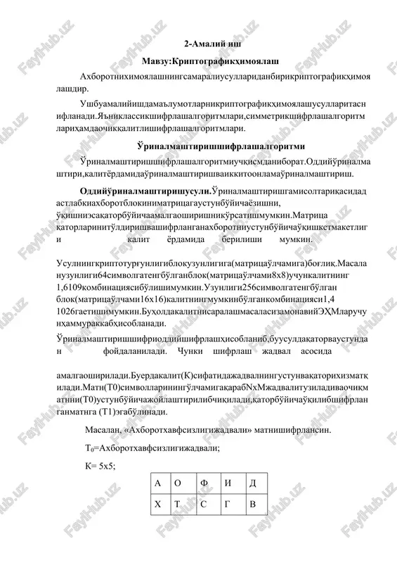 dvalidan(xivasrningoxirlarida) diplomatikmunosabatlarda,xarbiysohalardaaxborotnimuhofazalashdafoydalanilgan. kaliterdamidao'rinalmashtirish.oddiyo'rinalmashtirishusulidantashqarikalityordamidao'rinalmashtirishusulihammavjud. shifrlashjadvalidankalitorqalifoydalaniladi. buusuldakalitsimvollarigamosholdaochiqmatnninguzunligidankelibchiiqibnxmjadvalituziladivaochiqmatnni(t0)ustunbo'yichajoylashtirilibchiqiladi.so'ngrakalitsimvollarialfavittartibidatartiblanib,ustunbo'yichao'rinalmashtiriladi,qatorbo'yichao'qilibshifrlanganmatnga(t1) egabo'linadivabloklargabo'linadi. t0= o'zbekistonkelajagibuyukdavlat; k= toshkent; matnda28-tavakalitda 7-taharflarborligiuchun4x7jadvaltuzamiz. o' k o l g yu v z i n a i k l b s k j b d a e t e a u a t endikalitorqalijadvaltuzibkalitdagiharflarnialfavit bo'yicharaqamlabchiqamiz.6x7. t o sh k e n t 5 4 7 2 1 3 6 o' k o l g yu v z i n a i k l b s k j b d a e t e a u a t raqamlarnio'sishtartibidajoylashtiribustunlarnio'zgartiribchiqamiz. e k n o t t sh 1 2 3 4 5 6 7 g l yu k o' v o i a k i z l n b j d s b a k u a a t e t e qatorbo'yicha4tadanbloklargabo'lib,simvollarketma-ketligidagishifrlanganmatnniolamiz.shunie'tiborgaolishkerakki,agarqatordaketma-ketikkitabirxilharfkelsa,chaptarafdankelayotganharfbirinchiraqamlanadi,keyinesaikkinchisiraqamlanadivashifrlanganmatnhosilqilinadi. t1= glyukuvoiakizlnbjdsbakuaatete; shifrniochishdateskarijarayonamalgaoshiriladi.shifrlanishjarayoniqadamma-qadamamalgaoshirilsamaqsadgamuvofiqbo'ladi. ikkitomonlamao'rinalmashtirishusuli.buusuldakalit sifatidaustunvaqatordagiharflartartibidagisonlardanfoydalaniladi. avvalamborkalitsimvollarigaqarabjadvaltuziladivaochiqt0matnqatorshakldajoylashtirilibchiqiladi,so'ngraesaraqamlarnavbatma-navbattartiblanib,avvalqator,so'ngraesaustuno'rnialmashtiriladivajadvaldagima'lumotqatorbo'yichao'qilibt1ga egabo'linadi. masalan:«intilgangatoleyor»ochiqmatnishifrlashtalabetilsin. buerdakalitbo'lib1342va2314xizmatqiladi.yaxshiroqizohlanishiuchun k1=1342qatorsifatidava k2=2314ustunsif
