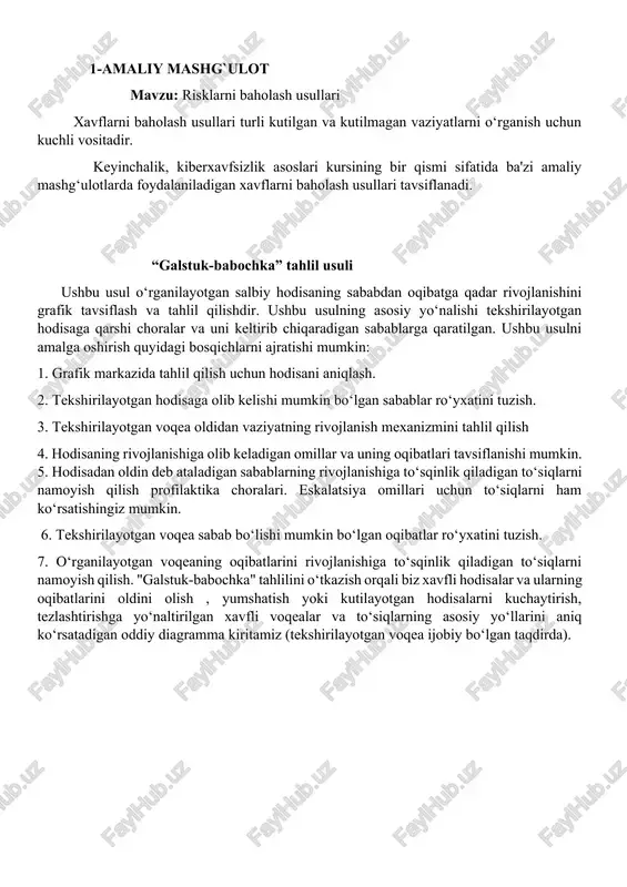 an voqea ijobiy bo‘lgan taqdirda). 2- variant: kompyuterning buzilishi galstok-babochka usuli ma`lumotlarga dostup qoldi grafika bilan bog`liq muammolar yuzaga keldi kompyuterning buzilishi videokarta kuyishi protsessor yoki videokarta tez qizib keta boshladi kuller (sovutgich) buzildi hdd ishlamay qoldi