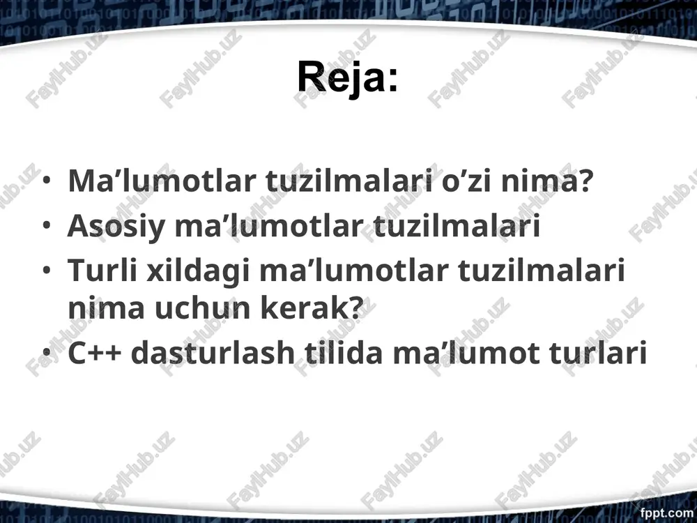 nima uchun bir turdagi universal ma’lumotlar tuzilmalaridan foydalanib qo’ya qolsa bo’lmaydi?” degan savol tug’ilmagan bo’lsa, bu yaxshi emas. keling endi shu savolga javob topishga harakat qilamiz. undan oldin ma’lumotlar tuzilmalari ustida asosiy bajarilishi mumkin bo’lgan amallarni ko’rib chiqaylik. bularga ma’lumotlarni ko’rib chiqish (traversing) o’qib olish (retrieving) kiritish (insertion) o’chirish (deletion) qidirish (search) saralash (sorting) birlashtirish (merging) lar kiradi. turli xildagi ma’lumotlar tuzilmalarida esa yuqoridagi amallar turlicha tezlikda amalga oshadi. masalan oddiyroq misol olaylik, array uchun ma’lumotni o’qib olish uchun o(1) vaqt sarflansa, uni kiritish yoki o’chirish uchun o(n) vaqt sarflanadi. linked listda esa bular aksincha. shuning uchun, masalan, sizning dasturingizda ma’lumotlar ko’p kiritilib, o’chirilsayu lekin kam o’qilsa, bunda ma’lumotlarni saqlashda arraydan foydalangandan ko’ra linked list qulayroq hisoblanadi. lekin, ko’pincha holatda bir necha ma’lumotlar tuzilmalarini o’zini birlashtirgan gibrid ma’lumotlar tuzilmalaridan ham foydalaniladi. bu haqida esa keyinchalik ma’lumotga ega bo’lishingiz mumkin. c++ dasturlash tilida ma’lumot turlari c++ dasturlash tilida har bir o'zgaruvchi …