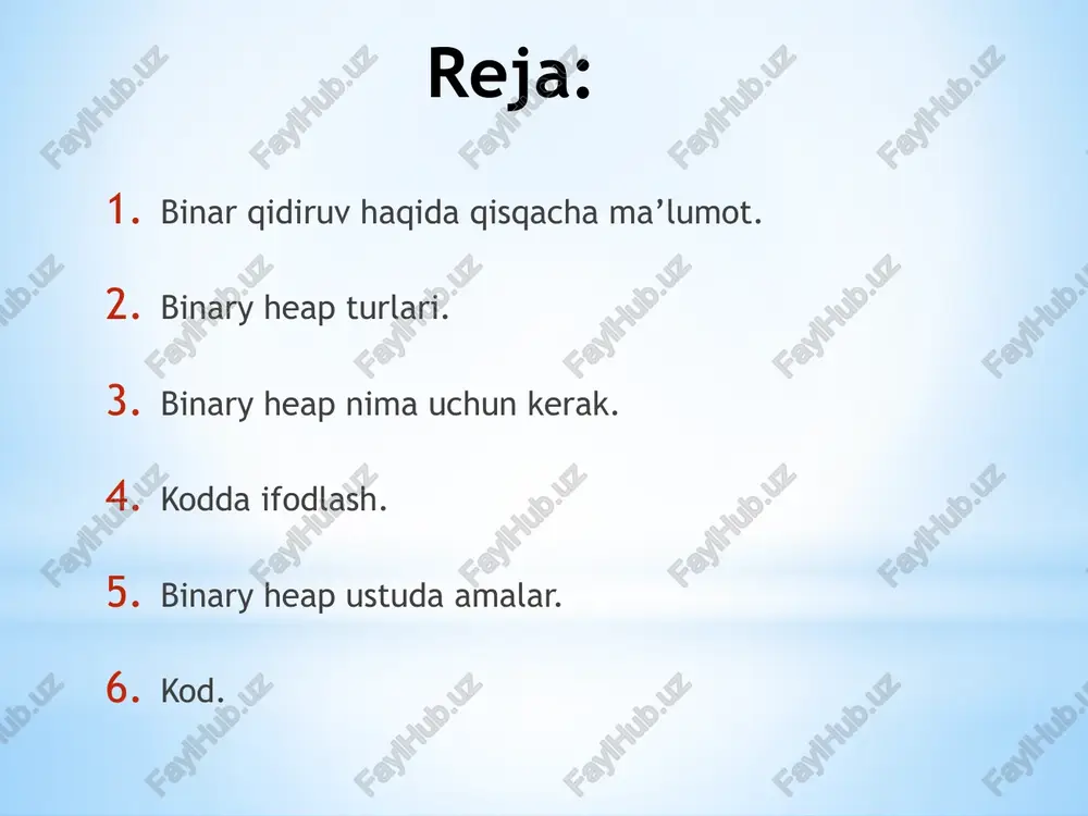 complete binary tree nima ekanligi haqida bu yerda tushuntirib o’tilgani uchun, maxsus tartiblangan ma’nosiga to’xtalamiz. binary heap bo’lishi uchun tree’da ma’lumotlar shajara bo’yicha o’sish tartibida (max heap) yoki kamayish tartibida (min heap) joylashgan bo’lishi kerak. max-heap bo’lishi uchun har bir node’ning qiymati uning parent node’ining qiymatidan kichik yoki teng bo’lishi kerak. eng katta qiymat root’da bo’ladi. qoida tree’dagi barcha node’lar uchun amal qiladi. min-heap bo’lishi uchun har bir node’ning qiymati uning parent node’ining qiymatidan katta yoki teng bo’lishi kerak. eng kichkina qiymat root’da bo’ladi. qoida tree’dagi barcha node’lar uchun amal qiladi. binary heap nima uchun kerak? qisqa javob – heap’dagi eng katta (yoki eng kichik) elementni topish uchun kerak. bunda binaaary heap tuzilishi tree bo’lgani uchun eng pastki elementdan eng yuqori elementga chiqish uchun o (log n) urinish lozim. masalan yuqoridagi rasmda har bir tree’da 7 ta node bo’lsa, pastdan yuqoriga chiqish – log27 = 2.8 ~ 2 ta urinishda …