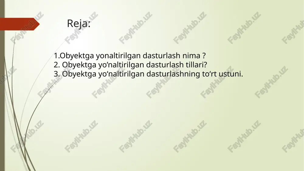 uzunligi bu uning xususiyati va insonning nafas olishi, harakatlanishi, kulishi bu uning xatti-harakati yoki holati deb ataladi. dasturlashda ham mana shu inson kabi obyektlarni tasvirlash uchun obyekt tushunchasidan foydalaniladi. klass — bu ob’ektlar yaratish uchun prototip yoki shablon. ushbu tushuncha real dunyo ob’ektining holati va xatti-harakatlarini modellashtiruvchi anglatadi. yaʼni obyektlar oʻzlarida maʼlumot saqlasalar, klasslar esa obyektlar qanday maʼlumotlar saqlay olishini belgilab beradi. quyida java dasturlash tilida klass qanday yaratilishi keltirilgan: public class classname{ field; method; } public class person{ string name; //field string getname(){ return this.name; } //method } tmdrty obyektga yoʻnaltirilgan dasturlashning toʻrt ustuni. abstraktsiya, inkapsulyatsiya, meros olish va polimorfizm — obyektga yoʻnaltirilgan dasturlashning toʻrt muhim ustuni hisoblanadi. yaʼni obyektga yoʻnaltirilgan dastrulashni bularsiz tassavvur qilish mumkin emas. abstraktsiya maʼlumotlarni abstraktsiyalash obyektga yoʻnaltirilgan dasturlashning eng muhim va zarur xususiyatlaridan biridir. maʼlumotlarning abstraktsiyasi tashqi dunyoga faqat muhim maʼlumotlarni taqdim etish, qoʻshimcha tafsilotlarini yoki amalga oshirish jarayonini yashirishni anglatadi. misol uchun, mashina …