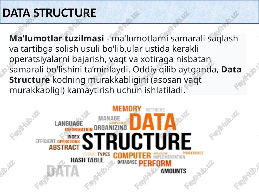 2)ikki bog’lamli 3)siklik navbat - bu elementlarning to'plamidir, unda yangi elementlarni qo'shishga ruxsat beriladi (u navbatning boshlanishi deb ataladi) va mavjud elementlarni faqat ikkinchi chetidan o'chirish, qaysi biri? chiziqning oxiri deb nomlangan. stek - bu elementlarning to'plami bo'lib, unda yangi elementlarni qo'shish va mavjud elementlarni faqat bitta uchidan olish mumkin bo'ladi. 8 dinamic data structure ro’yhatlar ustida quyidagi amallarni bajarish mumkin: - ro’yhatni shakllantirish; - ro’yhat oxiriga yangi element qo’shish; - berilgan kalitga mos elementni o’qish; - ro’yhatning ko’rsatilgan joyiga element qo’shish; - berilgan kalitga mos elementni o’chirish; - kalit bo’yicha ro’yhat elementlarini tartibga keltirish. 9 dinamic data structure dinamik ma’lumotlar tuzilmasining afzalliklari: - strukturaning o'lchami faqat mavjud ram miqdori bilan cheklangan; - ma'lumotlarning tartibini o'zgartirganda ma'lumotlarni ko'chirish emas, balki faqat havolalarni to'g'rilash talab qilinadi; - strukturaning ajoyib moslashuvchanligi. 10 dinamic data structure kamchiliklari: - bog’langan ro’yhat faqat ketma-ket kiritishga ruxsat beradi; - havolalarni saqlash uchun qo'shimcha xotira talab qilinadi. …