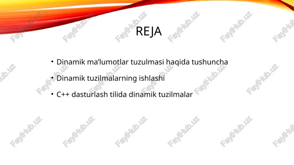 gina o'sishi yoki kichrayishi mumkin. 3. statik maʼlumotlar strukturasi faqat xotiradagi maʼlumotlarni oʻzgartirishi mumkin. 3. dinamik ma'lumotlar strukturasi ish vaqtida ma'lumotlar elementlarini ham, strukturaning hajmini ham o'zgartirishi mumkin. 4. ular dinamik ma'lumotlar tuzilmalari bilan solishtirganda unchalik samarali emas, chunki ular qattiq o'lchamga ega. 4. dinamik ma'lumotlar tuzilmalarining hajmi ish vaqtida tasodifiy yangilanadi, shuning uchun u samaraliroq hisoblanadi. 5. statik xotirani ajratish faqat stack da amalga oshirilishi mumkin. 5. dinamik xotirani ajratish ham stack, ham heap daamalga oshirilishi mumkin. 6. ruxsat etilgan o'lchamlari tufayli ular dinamik ma'lumotlar tuzilmalari kabi moslashuvchan emas. 6. dinamik ma'lumotlar tuzilmasi statik ma'lumotlar tuzilmalariga qaraganda ancha moslashuvchan, chunki ularning o'sishi va qisqarishi oson. 7. statik maʼlumotlar tuzilmasiga massiv misol boʻla oladi. 7. dinamik ma'lumotlar strukturasiga linked sturukturalar misol bo'lishi mumkin. statik tuzilmalar haqida qisqacha statik tuzilmalarda ma’lumotlar xotirada ketma-ket joylashadi. aagar elementlarimiz massiv hajmidan ortib ketsa. endi, xotiradan kattaroq ketma-ket joylashgan yacheykalarni izlaydi va bittalab ko’chirib chiqadi. …