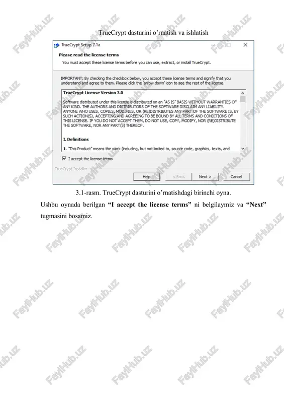 ish qutisiga yaratayotgan virtual diskimiz o’lchamini kiritamiz va next tugmasini bosamiz. 3.15-rasm. “volume password” oynasi. ushbu volume password oynasiga parol kiritamiz va uni qayta kiritish orqali tasdiqlaymiz va keyin next tugmasini bosamiz. 3.16-rasm. ogohlantirish oynasi. ushbu ogohlantirish oynasi biz kiritgan parolimiz oddiy, shu parol bilan davom etasizmi deydi. biz yes tugmasini bosamiz. 3.17-rasm. “volume format” oynasi. ushbu volume format oynasidagi format tugmasini bosamiz. 3.18-rasm. shifrlash muvaffaqiyatli amalga oshirganini bidiruvchi oyna. ushbu oynadagi ok tugmasini bosamiz. 3.19-rasm. “volume created” oynasi. ushbu oynadagi next tugmasini bosamiz. 3.20-rasm. truecrypt asosiy oynasi. ushbu oynadagi “select file...” tugmasini bosamiz va biron-bir faylni tanlaymiz. 3.21-rasm. fayl tanlash jarayoni. 3.22-rasm. tanlangan fayl joylashgan manzil paydo bo’ldi. 3.23-rasm. endi biz yaratmoqchi bo’lgan vizual diskimizni tanlaymiz. ushbu rasmdan ko’rish mumkinki, biz w: diskni tanladik va mount (o’rnatish) tugmasini bosamiz. 3.24-rasm. parol kiritish oynasi. ushbu oynada yuqorida o’rnatgan parolimizni kiritamiz va ok tugmasini bosamiz. 3.25-rasm. parol kiritish oynasi. ushbu oynada …