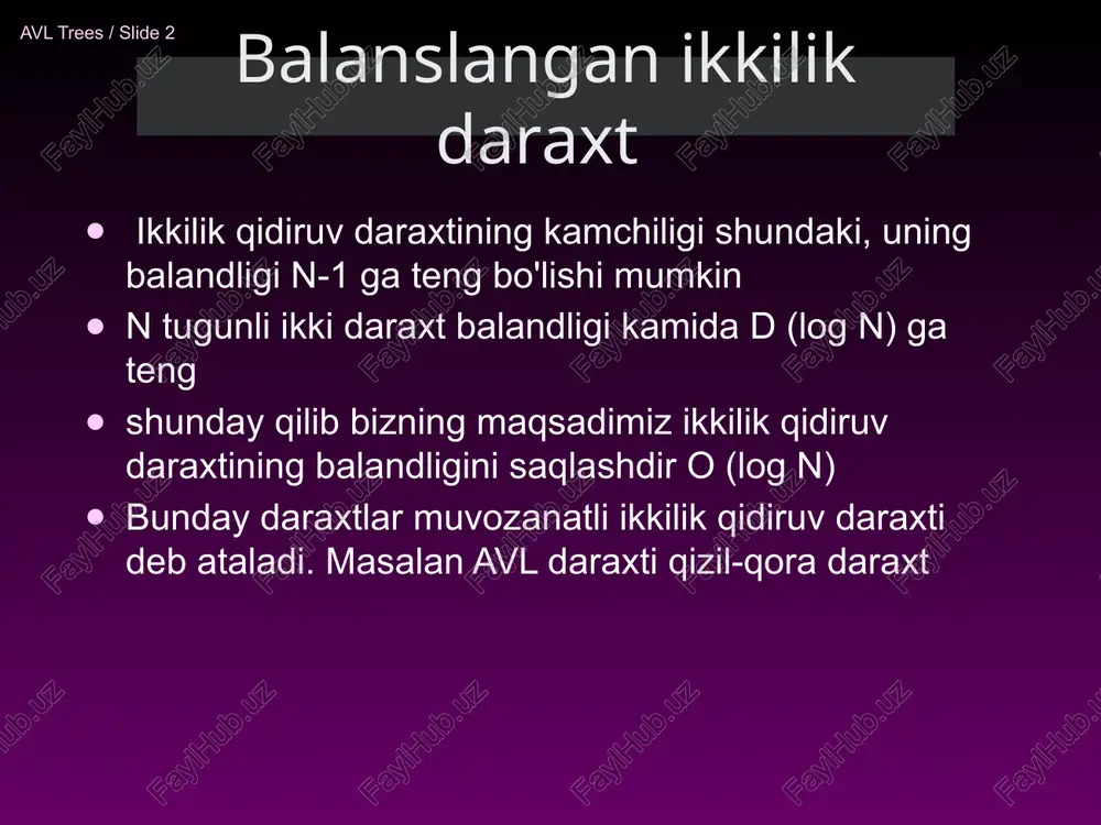 ki daraxtning balandligi h+1 bo’lsa, b balandligi h yoki h+1 ga teng bo’lishi mumkin avl trees / slide ‹#› image1.png image2.png image3.png image4.png image5.png image6.png image7.png figure 4.32 two binary search trees. only the left tree is avi. in, 2 nz) +n,5 +1 =2n,5t+1 > 2n,_>5