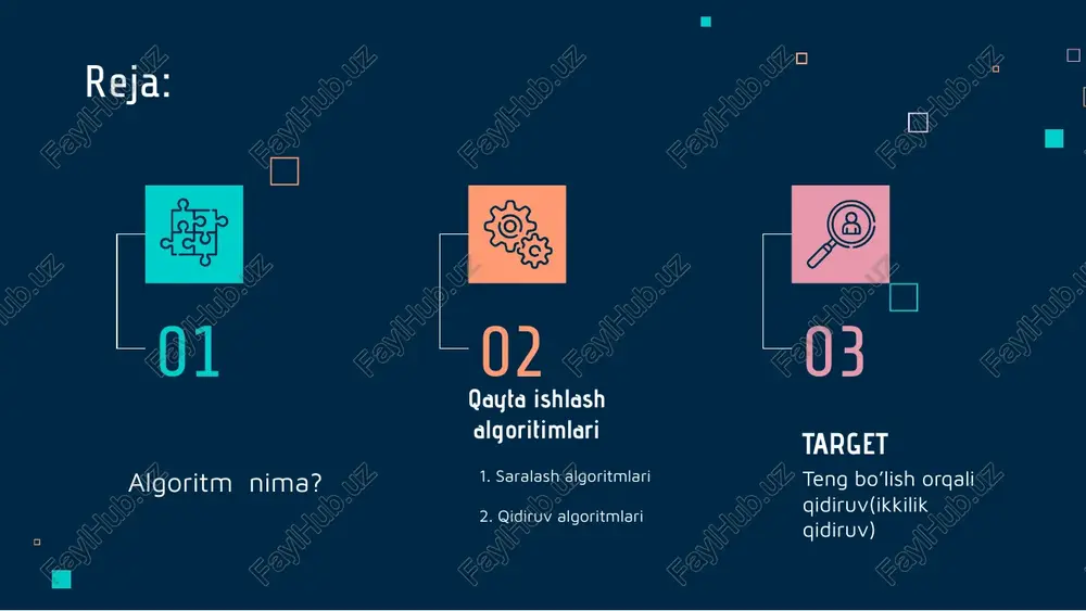 fuz tufayli algoritm tarzida ifodalanib kelgan. hozirgi paytda algoritm sifatida biror masalani ishlash yoki biror ishni bajarish uchun qilinishi kerak bo’lgan tartiblangan chekli sondagi aniq bir qiymatli ko’rsatmalar ketma-ketligi tushiniladi. algoritm tushunchasi keng ma’noda tahlil qilish mumkin.masalan, biror manzildan boshqa manzilga borish uchun shahar transportidan foydalanib qanday borish mumkin, degan savolga biz ma’lum algoritm tavsiya qilishimiz mumkin. pazandalik kitobida, masalan, palovni pishirish qoidasi keltiriladi. bu ham o’ziga xos algoritm hisoblashlar ishlanadigan masala algoritmini biz hisoblash algoritmi deymiz. biz asosan hisoblash algoritmlari haqida so’z yuritamiz. algoritmlarga xos bo’lgan belgi va talablarni sanab o’tamiz. har qanday algoritm quyidagi asosiy xususiyatlarga ega bo’lishi kerak. xususiyatlari diskretlilik sifati ommaviylik sifati har qanday boshlangich qiymatlarda ham javobning mavjudligi, bunda «bu holda yechim yo’q» singari axborot ham algoritmning ishlash natijasi deb qabul qilinadi;keltirilgan sifatlardan kelib chiqqan xolda algoritmni ifodalash va bajarish qoidalari xaqida so’z yuritish mumkin. amaliyotda algoritmni ifodalashning uchta asosiy usullari fodalaniladi. bular matnli ko’rinishi,sxematik(grafik) …