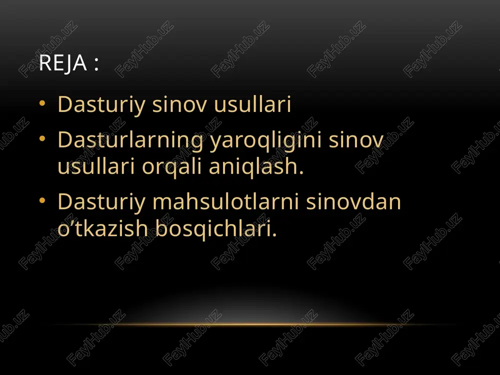 y ta'minotni ishlab chiqish (kodlash) bosqichida davom etadi. sinov mavzusini o'rganish va tahlil qilish bosqichining asosiy maqsadi ikki savolga javob olishdir: - qanday funktsionallik sinovdan o'tkazilishi kerak, - ushbu funktsiyalar qanday ishlaydi. sinovlarni rejalashtirish dasturiy ta'minotni ishlab chiqish (kodlash) bosqichida sodir bo'ladi. sinovni rejalashtirish bosqichida sinovchining oldida nazariy jihatdan mumkin bo'lgan sinov va amalda mumkin bo'lgan sinovlar o'rtasida murosaga kelish vazifasi turibdi. ushbu bosqichda savolga javob berish kerak: biz qanday qilib sinov o'tkazamiz? sinovlarni rejalashtirish natijalari test hujjatlarida. sinov sinov bosqichida amalga oshiriladi va ilgari tuzilgan test hujjatlari yordamida nuqsonlarni amaliy qidirishni anglatadi. xulosa. xozirgi kunda ishlatayotgan dasturlarimizning ko'pchiligi aynan test(sinov) qilib ko'riladi. chunki bu dastur algoritmda yoki uzatayotgan ma'lumotlarida xatolik yuzaga kelmasligi uchun tekshiriladi. men shu mustqail ishimda shuni angladimki , qandaydir algoritmli dastur sinovdan o'tkazilmasa dastur xatoliklar yuzaga kelib undan foydalanish zararli bo'lib qolishini tushundim. dasturning har bir qismini test(sinov)lash juda murakkab jarayondir. dasturda qanchalik xatoliklar kam bo'lsa …