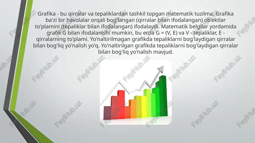 langan. yuqoridagi grafikdagi qirralarning to'plami v = {(v1, v2), (v2, v3), (v1, v3)} shaklida yozilishi mumkin. yo'naltirilmagan grafikdagi qirralar tartibli juftliklardir. rasmiy ravishda, yo'naltirilgan grafikdagi e chekka e = (x, y) tartibli juftlik bilan ifodalanishi mumkin, bu erda x - chekkaning boshi, manbai yoki boshlang'ich nuqtasi deb nomlangan tepalik, y tepasi esa nuqta deyiladi , vertex yoki terminal nuqtasini tugatish. masalan, shaharlar majmuasini bir tomonlama yo'llar yordamida bog'laydigan yo'l tarmog'i yo'naltirilmagan grafik yordamida ifodalanishi mumkin. shaharlar grafikdagi tepaliklar bilan ifodalanishi mumkin va yo'naltirilgan qirralar shaharda transport harakati yo'nalishini hisobga olgan holda bog'laydigan yo'llarni ifodalaydi. yo'naltirilgan grafikda chekka - bu tartibga solingan juftlik, bu erda tartiblangan juftlik ikki tepalikni bog'laydigan qirraning yo'nalishini ifodalaydi. boshqa tomondan, yo'naltirilmagan grafikda chekka - bu tartibga solinmagan juftlik, chunki chekka bilan bog'liq yo'nalish yo'q. yo'naltirilmagan grafikalar ob'ektlar orasidagi nosimmetrik munosabatlarni ifodalash uchun ishlatilishi mumkin. yo'naltirilmagan grafikdagi har bir tugunning darajasi va darajasi teng, lekin bu yo'naltirilgan …