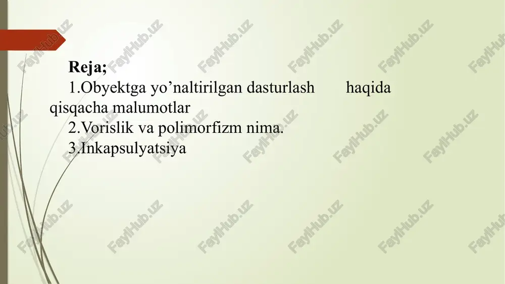 ayoni esda yaxshi qolishi va tushunarli bo'lishi uchun keltirdim. oop o'zi nima? oop - class(sinf) tushunchasi bilan bog'liq bo'lgan dasturlash usulidir. oop dastur protsedurasiga emas balki dasturlash mobaynida obyektga diqqatni qaratish yo'lida ishlab chiqilgan. obyekt biz atrofimizda ko'rgan har qanday narsa bo'lishi mumkin. bu inson (m.u - ism, manzil, dob va hokazo), stul (kattaligi, materiali, qiymati va hokazo), maktab (joy, talaba bilimi, natijalar) va boshqalar. obyektga yo'naltirilgan dasturlash real hayotga yaqin, chunki biz har doim obyekt bilan ishlaymiz, unda metod va o'zharuvchilardan foydalanib amallar bajaramiz. . vorislik (inheritance) obyektga yonaltirilgan dasturlash(oyd)ning muhim tamoyillaridan biridir. voris orqali bir sinf boshqa sinfning funksionalligini o’zlashtirishi mumkin, ya’ni voris sinflar umumiy xususiyatlarni vorislik bilan olgan holda, ayrim xususiyatlarni qayta aniqlash orqali yoki yangi xususiyat kiritish orqali tayanch sinfga o’zgartirish mumkin polymorphism(polimorfizm) polimorfizm umumiy interfeysni almashish jarayonida sinflarni turli funktsionalliklarga ega bo'lgan obyektga asoslangan dasturlashdagi andozani ifodalaydi. polimorfizm asli grekcha so'zdan olingan bo'lib, "ko'p shakllar" …