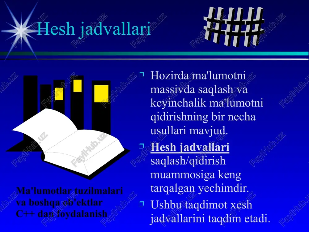 esa shaxs haqidagi ma'lumotlar mavjud. [ 0 ] [ 1 ] [ 2 ] [ 3 ] [ 4 ] [ 5 ] . . . [ 700] [ 4 ] number 506643548 the numbers might be identification numbers of some sort, and the rest of the record contains information about a person. so the pattern that you see here is the same pattern that you've seen in other dictionaries: each entry in the dictionary has a key (in this case an identifying number) and some associated data. hesh jadvali nima? xesh-jadval ishlatilayotganda, ba'zi nuqtalarda tegishli yozuvlar mavjud, boshqa nuqtalar esa "bo'sh". [ 0 ] [ 1 ] [ 2 ] [ 3 ] [ 4 ] [ 5 ] [ 700] number 506643548 number 233667136 number 281942902 number 155778322 . . . when a hash table is being used as a dictionary, some of the array locations are in …