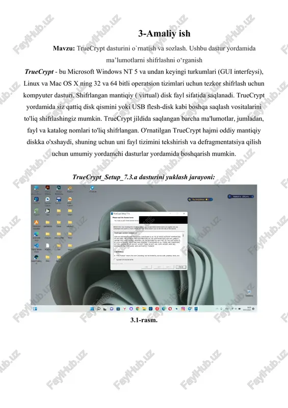 rypt hajmi qayerda yaratilishini tanlashimiz kerak. truecrypt hajm faylda, konteyner deb ham ataladigan bo'limda yoki diskda bo'lishi mumkin. biz birinchi variantni tanlaymiz va fayl ichida truecrypt hajmini yaratadi. next-keyingi tugmasi bosiladi 3.10-rasm. ushbu bosqichda biz standart yoki yashirin truecrypt hajmini yaratishni tanlashimiz kerak. bunda biz avvalgi variantni tanlaymiz va standart truecrypt hajmini yaratamiz. keyingi tugmasini bosamiz 3.11-rasm. ushbu bosqichda esa truecrypt hajmini (fayl konteyneri) yaratmoqchi bo'lgan joyni belgilashimiz kerak. faylni tanlashni bosamiz 3.12-rasm. truecrypt mavjud fayllarni shifrlamaydi.shuning uchun ham fayl yaratib olib uni saqlash tugmasini bosamiz. kiberxavfsizlik fayli hali mavjud emas - truecrypt uni yaratadi. 3.13-rasm. fayl yaratilib joylashuvi tanlandi va keyingi tugmasini bosamiz. 3.14-rasm. bu yerda biz shifrlash algoritmi va fayl uchun xesh algoritmini tanlaymiz va keyingi tugmasini bosamiz 3.15-rasm. bu yerda biz truecrypt konteynerimiz hajmini yozib keyingi tugmasini bosamiz. fayl hajmi 100 mb bo`lishini tanladik 3.16-rasm. bu eng muhim qadamlardan biridir. bu yerda biz faylga parol kiritishimiz kerak. …