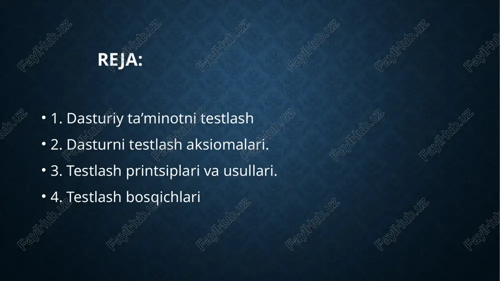 shlatish bilan va agar koʼp oʼzgartirish kiritilgan boʼlsa, boshqa dasturlar bilan bogʼliqliginitekshirish bilan bogʼliq boʼlgan testlarni qayta oʼtkazib yuboring. quyidagi masalaga testlar ѐzing. parallelipiped diagonalining uzunligi formulasi boʼyicha topiladi. shu masalaga normal, ekstremal va ayrim xollar uchun test yozing. parallelipiped tomonlari izoh 1 1 1 yaxshi testlar d=1.7320508 normal xolat 1 2 3 normal test d=3.74165773 0 0 0 natija 0 ga teng bo'lishi kerak ekstrim xolat 0 1 2 bu parallilipiped emas. nima bo'ladi? 1 0 3 noto'g'ri qiymatlar ayrim xolatlar 2 1 0 1 -6 3 a v s testlash aksiomalari: 1. toʼgʼri test deb, xatoni topish imkoniyatini beradigan testga aytiladi. 2.testlarni xujjat koʼrinishida rasmiylashtirib dasturiy maxsulot xujjatlari bilan birgalikda saqlash zarur. 3. testlarni nafaqatgina toʼgʼri kirish maʼlumotlar uchun tayѐrlash kerak, notoʼgʼri maʼlumotlarni xam (ayrim xolatlar uchun) kiritish kerak. 4. xar bir test natijasini taxlil qilish kerak. testlashni asosiy usullari: 1. yuqorilovchi testlash 2. pasayuvchi testlash 3. “sandwich” …