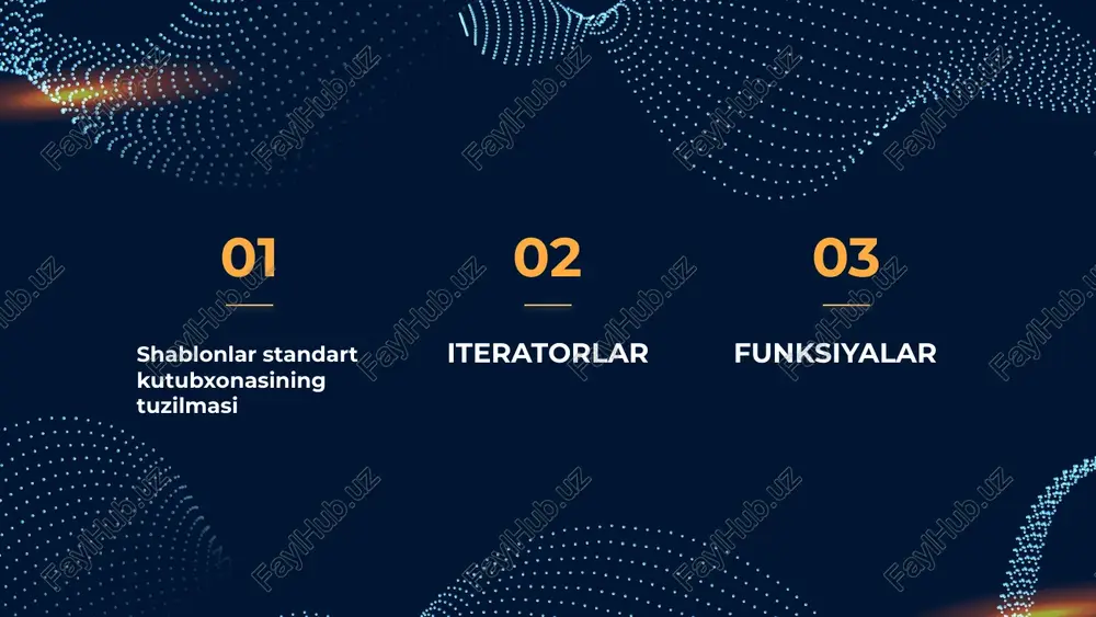 void turidagi funksiya bo'lib, asosiy dasturdan (yoki chaqiruvchi funksiyadan) xech qanday parametr qabul qilib olmaydi xam, asosiy dasturga xech qanday natija qaytarmaydi ham. parametrsiz funksiyaga murojaat qilishda dastur tanasida funksiya nomi yoziladi. dasturda funksiya nomi operatorlar kabi ishlatiladi. misol 1: to'g'ri burchakli uchburchakning katetlari berilgan. (3, 4), (6, 8), (12, 5) bo'lgan xollar uchun uchburchak gipotenuzasini hisoblovchi dastur tuzilsin. #include #include // funksiya prototipi float hisobla(float , float ); int main() { float c; c = hisobla(3, 4); cout << c << endl; c = hisobla(6, 8); cout << c << endl; c = hisobla(12, 5); cout << c << endl; system ("pause"); return 0; } float hisobla(float a, float b) { //lokal o'zgaruvchi float natija; natija = sqrtf(a*a + b*b); return natija; } e`tiboringgiz uchun rahmat image1.png image25.png image20.png image5.png image14.png image19.png image18.png image16.png image31.png oceee ee, . . °° ee e e e rr