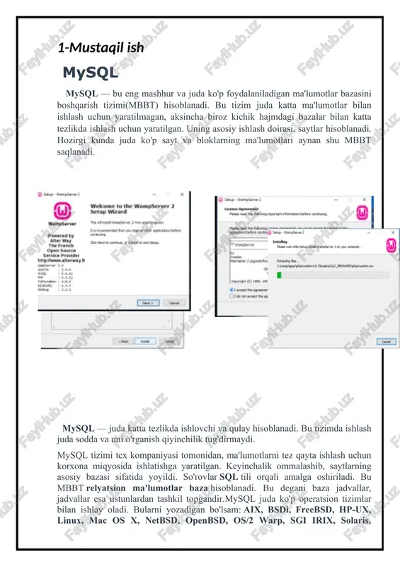 ib ishlashi mumkin: delphi, c, c++, java, perl, php, python, ruby va boshqalar. 2-mustaqil ishamaliy mashg’ulot mavzu: ma’lumotlar bazasini loyihalash. mohiyat – aloqa diagrammasini qurish (er modeli). relyatsion ma`lumotlar bazasini loyihalash. ushbu labaratoriyada ma`limotlar bazasini loyihalash uchun mohiyat – aloqa modelini ishlab chiqish bo`yicha ko`nikmaga ega bo`lish o’rganiladi. erd - axborot tizimining kontseptual ma'lumotlar modelini ishlab chiqarish uchun dasturiy injiniringda ishlatiladigan ma'lumotlarni modellashtirish usuli. erd ma'lumotlar bazalarining mantiqiy tuzilishini ko'rsatadi. erdni case vositasi yordamida ishlab chiqish sap - powerdesigner orcale - ma'lumotlar modellari mahsulotlar ishlab chiqaruvchi kompaniya chiqar chchiqaruvchu omborxona ishchi xodimlar yetkazib beruvchilar mahsulot xaridorlari modelni qurishda aloqa‖mavjud ob`yektni, jarayonni yoki hodisani, abstraksiyasi sifatida keladi. atribut mahiyatni xarakterlaridan bo`lib, nom bilan belgilanib, birorta qiymatlar to`plamidan qiymatlar qabul qilinadi. mohiyat–aloqa‖ modelidagi bog`lanishlarga, ikki mohiyat o`rtasidagi har bir bog`lanish turiga tegishli munosabatlarni kiritish zarur (binar, ternar., n-nar). loyiha haqidagi axborot diagramma ko`rinishida rasmiylashtiriladi, buning uchun quyidagi belgilar kiritiladi: mohiyat turlari – …