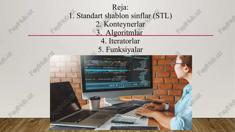 ynerlarning tarkibi uchun turli xil operatsiyalar uchun vositalarni taqdim etadi. algoritm tartiblash qidirilmoqda muhim stl algoritmlari foydali massiv algoritmlari bo'lim operatsiyalari raqamli valarray klassi valarray sinfidan foydalanib, massivning minimal elementini toping. #include #include #include using namespace std; int main() { srand(time(0)); valarray m(20); for(int i=0; i #include #include #include using namespace std; int main() { srand(time(null)); array m; for(int i=0; i >search; cout >replace; for(int i=0; i #include #include using namespace std; int main() { vector ar = { 1, 2, 3, 4, 5 }; vector ar1 = {10, 20, 30}; vector ::iterator ptr = ar.begin(); advance(ptr, 3); copy(ar1.begin(), ar1.end(), inserter(ar,ptr)); cout a <> 1 ps ps es unordered containers no stack queue priority. queue allow no duplicates? ne ig i tf al unordered_map| unordered_set unordered_multimap unordered_multiset “pointer or iterator to an elem. remains valid regardless of adding or removing elements **doubly linked + + map set rmultimap rmuitiset ordered …