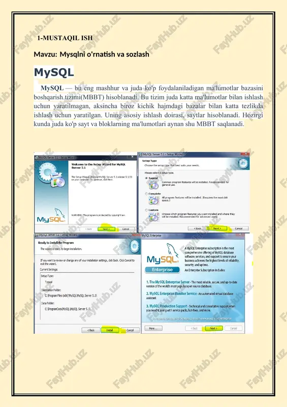 ql ga quyidagi dasturlash tillari ulanib ishlashi mumkin: delphi, c, c++, java, perl, php, python, ruby va boshqalar. 2-mustaqil ish 1-mavzu: ma`lumotlar bazasini loyihalash. mohiyat – aloqa diagrammasini qurish (er modeli). ishdan maqsad: ma`limotlar bazasini loyihalash uchun mohiyat – aloqa modelini ishlab chiqish bo`yicha ko`nikmaga ega bo`lish. masalani qo`yilishi: ma`lumotlar bazasini lohiyalash va “mohiyat–aloqa” modelini ishlab chiqish. uslubiy ko`rsatmalar: ma`lumotlar bazasini lohiyalash quyidagi tashkil etuvchilarini o`rganishni taqazo etadi. ob`yektlar, ob`yekt xususiyatlari, bog`lanishlar (ob`yekt munosabatlari), vaqt oralig`i va hokazolar. bu yerda ma`lumotlar bazasini qurish sohasi sifatida “korxona” olingan bo`lib, ma`lumotlar quyidagi ob`yektlarda saqlanadi: “dokon” predment soha ob’yektlari № obyekt nomi 1 xodimlar 2 ombor 3 kassa 4 rastalar 5 filiallar 6 hamkorlar 7 mahsulotlar 8 mijozlar xodimlar id fio lavozm mutaxasislik maoshi tel_raqam 1 2 3 4 ombor id xom-ashyo nomi o’lchov(son,kg,litr) kel sana narx sifat 1 2 3 kassa id oy nomi sana xarajat (dollor) foyda sof foyda samaradorlik bo’lim …