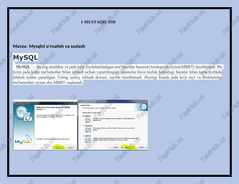 sql ga quyidagi dasturlash tillari ulanib ishlashi mumkin: delphi, c, c++, java, perl, php, python, ruby va boshqalar. 2-mustaqil ishi 1- mavzu: ma`lumotlar bazasini loyihalash. mohiyat – aloqa diagrammasini qurish (er modeli) 2- 3- ishdan maqsad: ma`limotlar bazasini loyihalash uchun mohiyat – aloqa modelini ishlab chiqish bo`yicha ko`nikmaga ega bo`lish. 4- masalani qo`yilishi: ma`lumotlar bazasini lohiyalash va “mohiyat–aloqa” modelini ishlab chiqish. 5- uslubiy ko`rsatmalar: ma`lumotlar bazasini lohiyalash quyidagi tashkil etuvchilarini o`rganishni taqazo etadi. ob`yektlar, ob`yekt xususiyatlari, bog`lanishlar (ob`yekt munosabatlari), vaqt oralig`i va hokazolar. 6- “mohiyat – aloqa” modeli predmet sohani tashkil etuvchi uchta asosiy komponentalardan foydalanib quriladi: mohiyat, atribut, aloqa. konstruktiv elementlar tarkibida “vaqt” tashkil etuvchisi faqat oshkormas holda ishtirok etishi mumkin. modelda vaqt, yil, sana va shunga o`xshash atributlar bilan tasvirlanadi. 7- modelni quirishda “aloqa”mavjud ob`yektni, jarayonni yoki hodisani, 8- abstraksiyasi sifatida keladi. atribut mahiyatni xarakterlaridan bo`lib, nom bilan belgilanib, birorta qiymatlar to`plamidan qiymatlar qabul qilinadi. 9- “mohiyat – …