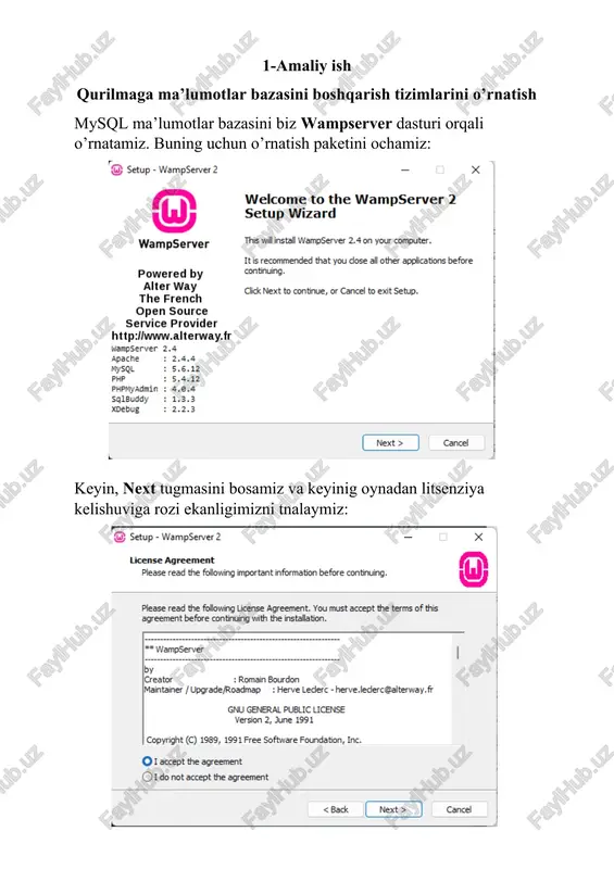 ibut mahiyatni xarakterlaridan bo`lib, nom bilan belgilanib, birorta qiymatlar to`plamidan qiymatlar qabul qilinadi. “mohiyat – aloqa” modelidagi bog`lanishlarga, ikki mohiyat o`rtasidagi har bir bog`lanish turiga tegishli munosabatlarni kiritish zarur (binar, ternar.., n-nar). loyiha haqidagi axborot diagramma ko`rinishida rasmiylashtiriladi, buning uchun quyidagi belgilar kiritiladi: mohiyat turlari – to`rtburchak bilan, atributlar-ovallar bilan tasvirlanadi va ular mos mohiyatlar bilan yo`nalishsiz qirralar bilan bog`lanadi. 1. birga – bir (1:1)munosabat. a va v ob`ektlar to`plami orasida 1:1 munosabat o`rnatilgan deyiladi, agarda a ob`ektning har bir nusxasiga v ob`ektning bitta nusxasi mos kelsa, va aksincha, v ob`ektning har bir nusxasiga a ob`ektning bitta nusxasi mos kelsa. 2. birga – ko`p (1:n) munosabat. a va v ob`ektlar to`plamida a ob`ektning har bir nusxasiga v ob`ektning bir nechta nusxasi mos kelsa, shu bilan birga v ob`ektning har bir nusxasiga a ob`ektning bittadan ko`p bo`lmagan nusxasi mos kelsa shunday munosabat hosil bo`ladi. 3. ko`pga – bir (n:1) munosabat a …