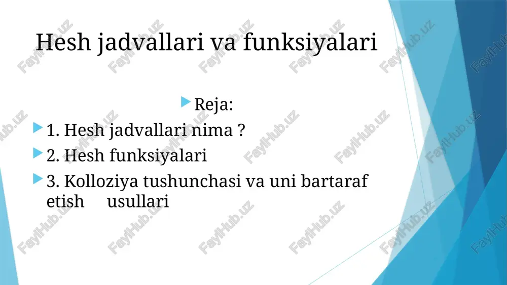na so‘zi bilan ifodalangan butun sonlar bo‘ladimi, mashina so‘ziga to‘plangan belgilar ketma-ketligi bo‘ladimi yoki boshqa ko‘plab mumkin bo‘lgan variantlardan biri bilan ifodalangan barcha holatlarda qo‘llaniladi. mashina so'ziga to'plangan tasodifiy belgilar ketma-ketligi tasodifiy butun son kalitlari bilan bir xil emas, chunki kodlash uchun ba'zi bitlar ishlatiladi. ammo bu ikkala turdagi (va mashina so'ziga moslash uchun kodlangan har qanday boshqa turdagi kalitlarni) kichik jadvaldagi tasodifiy indekslarga o'xshatish mumkin. kodlangan simvollar uchun modulyar xesh funksiyasi ko’paytirish usuli ko'paytirish usuli (ko'paytma usuli) yordamida asl kalitlar ketma-ketligidan xesh kodlari ketma-ketligini olish uchun xesh funktsiyasidan foydalaning: h(k)=[n*({k*a})] bu yerda a ratsional son, moduli birdan kichik (0 #include using namespace std; const int prime_const = 128; const int hash_size 31; int hashfunction(string key) { int hashcode = 0; for (int i = @; i >str[i]; key=str[i]; cout " " 1964014 lindex -> 9 lsatrni kiriting: wow lhashcode -> 1964023 lindex -> isatrni kiriting: ice lhashcode -> 1667561 …