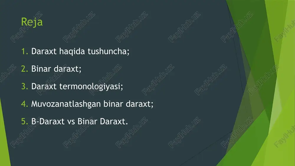 lovalarda qo'llaniladi. // yangi tugun yaratish node *newnode(int item) { node *node = new node(); node->item = item; node->left = null; node->right = null; return (node); } // balandlikni tekshirish bool checkheightbalance(node *root, int *height) { int leftheight = 0, rightheight = 0; int l = 0, r = 0; if (root == null) { *height = 0; return 1; } *height = (leftheight > rightheight ? leftheight : rightheight) + 1; int main() { int height = 0; node *root = newnode(1); root->left = newnode(2); root->right = newnode(3); root->left->left = newnode(4); root->left->right = newnode(5); if (checkheightbalance(root, &height)) cout << "the tree is balanced"; else cout << "the tree is not balanced"; } balanslangan daraxt vs binar daraxt b-daraxt sortlangan bo’ladi; “n” miqdorda tugun bo’ladi; balandligi (m*n) orqali aniqlanadi; diskka yuklanganda amalga oshadi; balandligi har yangilanishda avtomatik qayta moslashadi. binar daraxt sortlanmagan bo’ladi; 2ta bola tugun yoki subtree bo’ladi; balandligi …