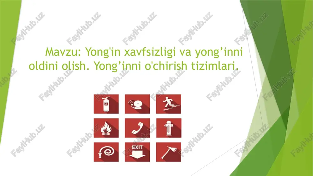 lari va vositalarini tanlashni ilmiy asoslash. yonish va portlash jarayonlari va sharoitlari, jarayonda qo'llaniladigan moddalar va materiallarning xossalari, yong'in va portlashdan himoya qilish usullari va vositalarini bilish bu ishlarni bajarishda muhim omil hisoblanadi. shuning uchun faoliyati yong'in xavfi ortishi bilan ajralib turadigan barcha korxonalarda yong'inning oldini olish va himoya qilish asoslarini aniq ishlab chiqish kerak. yong'inning oldini olish bo'yicha umumiy qoidalar yong'inning oldini olish yong'in xavfsizligi bo'yicha mashg'ulotlar va yong'inlarning oldini olishga qaratilgan chora-tadbirlar majmuini anglatadi. yong'indan himoya qilish - yong'in sodir bo'lganda zararni kamaytirishga qaratilgan chora-tadbirlar. bu ikki asosiy vazifa o'rtasida yong'in xavfsizligi aniq chegarani chizish har doim ham mumkin emas, masalan, yong'in paytida yong'in tarqalishi doirasini cheklashga qaratilgan harakatlarda. aksariyat odamlar ko'p vaqtlarini binolarda o'tkazganligi sababli, asosiy e'tibor yong'in xavfsizligini qurishga qaratilgan. o'rmonlar, transport vositalari, temir yo'l, havo va dengiz transporti, shuningdek, er osti tunnellari va shaxtalarining yong'in xavfsizligini ta'minlash uchun maxsus yong'inning oldini olish va himoya qilish …