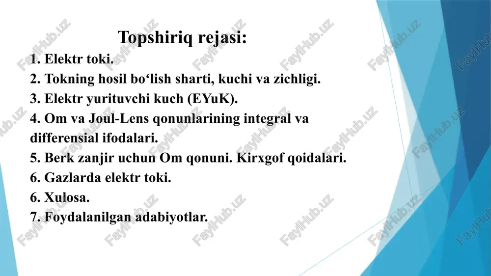 vtor, litsenziya: cc by-nc-nd om va joul-lens qonunlarining integral va differensial ifodalari elektrga yot kuchlar ta’sir etmaydigan zanjirning qismi bir jinsli o‘tkazgich deb ataladi. om qonuniga asosan, bir jinsli o‘tkazgichdan o‘tayotgan tok kuchi kuchlanishga to‘g‘ri proporsional, o‘tkazgich qarshiligiga teskari proporsionaldir: yuqorida keltirilgan r – o‘tkazgichning elektr qarshiligi. bir jinsli silindrik o‘tkazgich qarshiligi quyidagicha ifodalanadi: = uzunlik = solishtirma qarshilik = yuza tok zichligi – va maydon kuchlanganligi yo‘nalishiga mos bo‘lgan, uzunligi ga teng bo‘lgan silindrik o‘tkazgichni olamiz. – tok zichligi yo‘nalishi maydon kuchlanganligi yo‘nalishiga mos keladi. o‘tkazgichning ko‘ndalang kesimi yuzasidan oqib o‘tuvchi tok kuchi . ga teng. o’tkazgichning qarshiligi va undagi kuchlanish deb olsak bu holda om qonuniga asosan tok kuchining formulasi quyidagicha ifodalanadi: yuqoridagi formulalardan tok zichiligining ushbu formulasini keltirib chiqarish mumkin: bu yerda  – o‘tkazgichning solishtirma o‘tkazuvchanligi. aynan shu ifoda om qonuning differensial ko’rinishi deb ataladi. tok kuchi qarshilikdan o‘tayotganda, uning energiyasi o‘tkazgichni qizitishga sarf bo‘ladi. ushbu …
