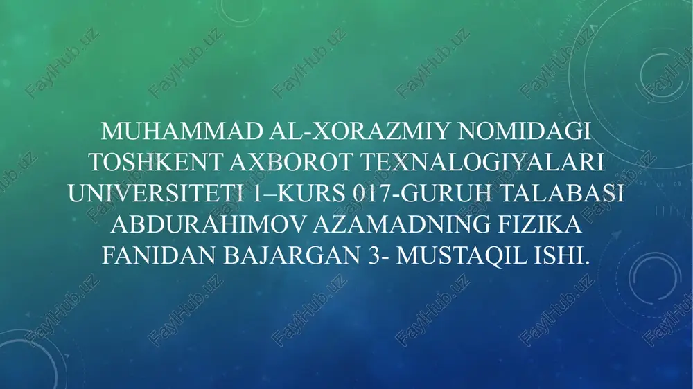 tkazhgichning bir birlik ko`ndalang kesimi yuzidan o`tgan tokning kuchiga miqdor jihatdan teng bo`lgan fizik kattalikka aytiladi, yani: t=i/s 3.elektr yurituvchi kuch (eyuk) elektr yurituvchi kuch — (eyuk) oʻzgaruvchan yoki oʻzgarmas tok energiya manbalarida tashqi (potensial) kuchlar taʼsirini ifodalaydigan fizik kattalik. oʻtkazgichdan tok oʻtishi uchun unda elektr maydon hosil qilinib saqlanadi. buning uchun tok manbai yordamida oʻtkazgich uchlarida potensiallar farqi (φ1-φ2)uzluksiz tiklab turiladi. bu esa tok orqali oqib keluvchi musbat zaryadlarni oʻtkazgichning kichik potensial φ2li uchidan uzluksiz olib ketish va katta potensial φ, li uchiga uzluksiz keltirib turish zarurligini anglatadi. 4.om va joul-lens qonunlarining integral va differensiyal ifodalari. om qonunining integral va differensiyal ifodasi. joul-lens qonunining integral va differensiyal ifodasi. 5.berk zanjir uchun om qonuni. kirxgof qoidalari. berk zanjir uchun om qonuni. kirxgof qoidalari. 6.gazlarda elktr toki. gaz jumladan metal bug’lari ham normal holatda elektr neytral atom va molekulalardan iborat bo’lib, o’zlaridan elektr tokini o’tkazmaydi, faqatgina ionlashgan gazlarda o’tkazgich bo’la oladi. …